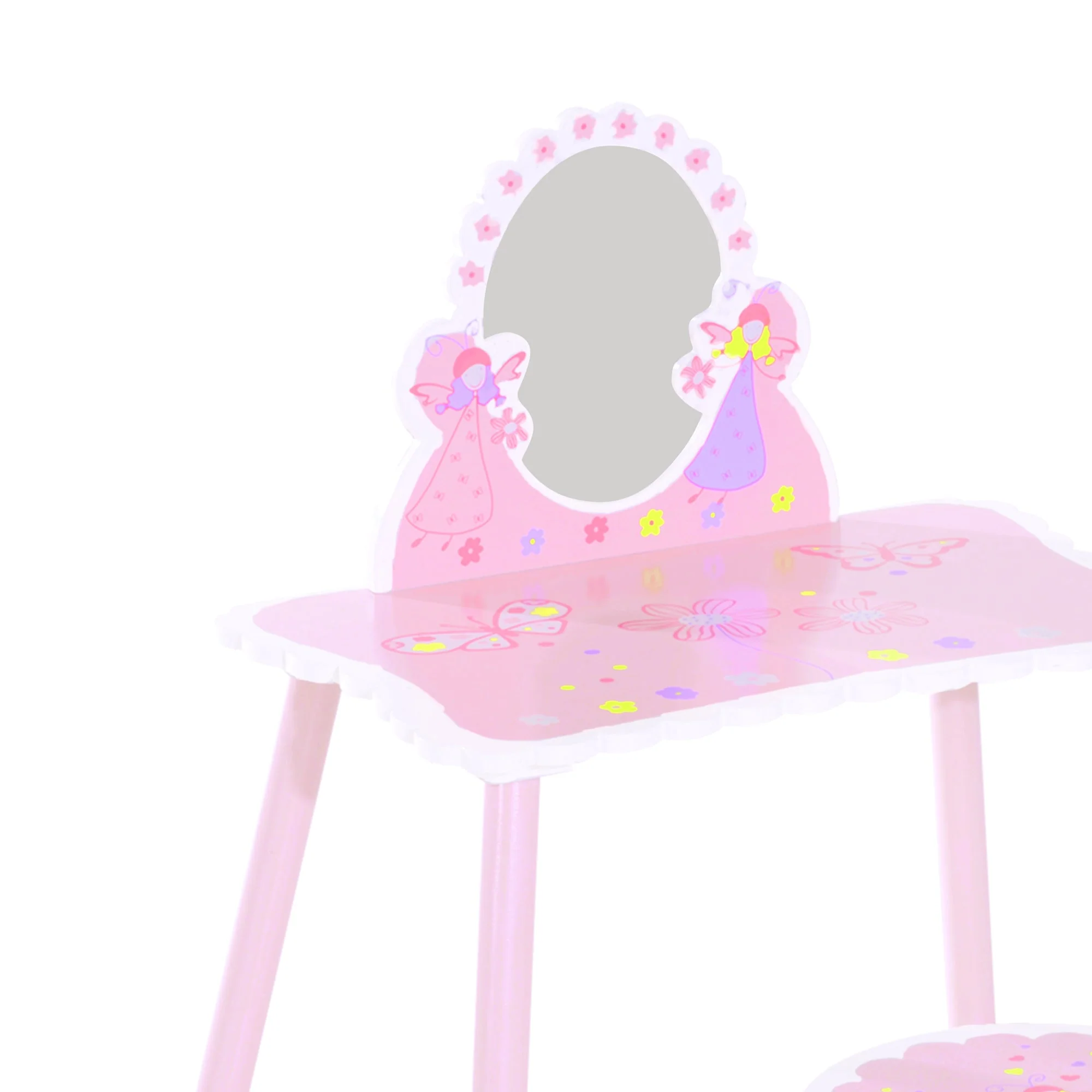 Kids Dressing Table Girls Pink Wooden Kids Dressing Table & Stool Make Up Desk Chair Toys Fairy Dresser Play Set w/Mirror - Image 6