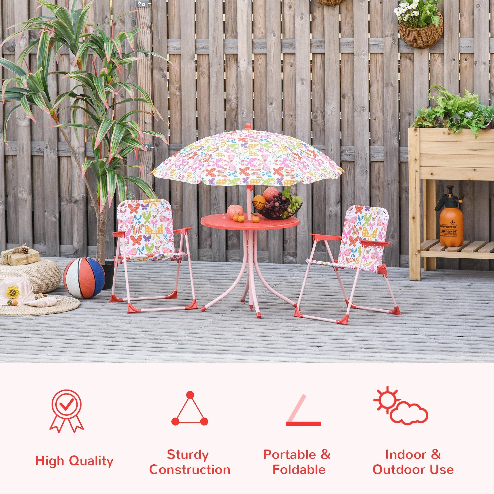 Kids Folding Picnic Table and Chairs Set Color Stripes Outdoor w/ Parasol - Image 4