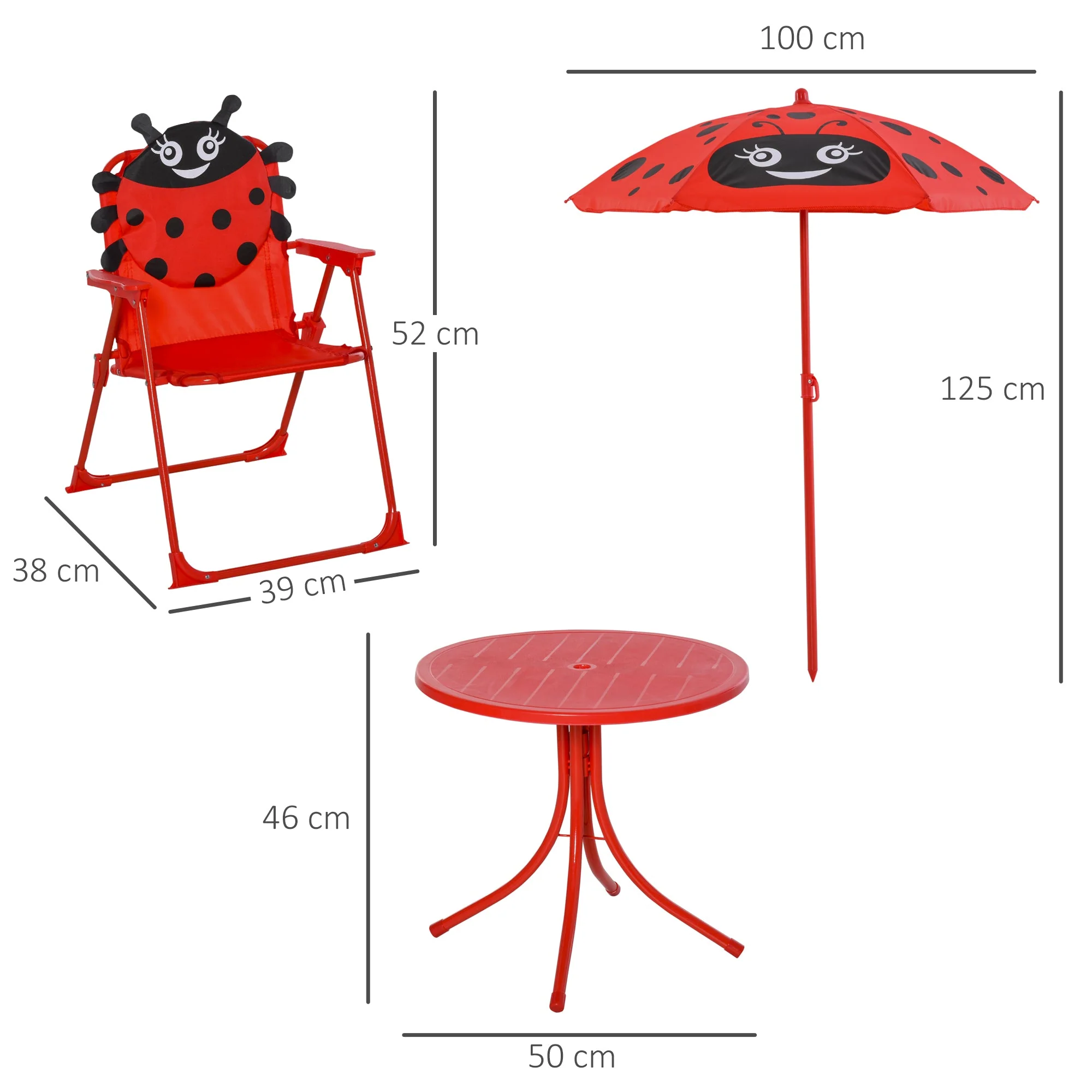 Kids Folding Picnic Table and Chairs Set Ladybug Pattern Outdoor w/ Parasol - Image 2