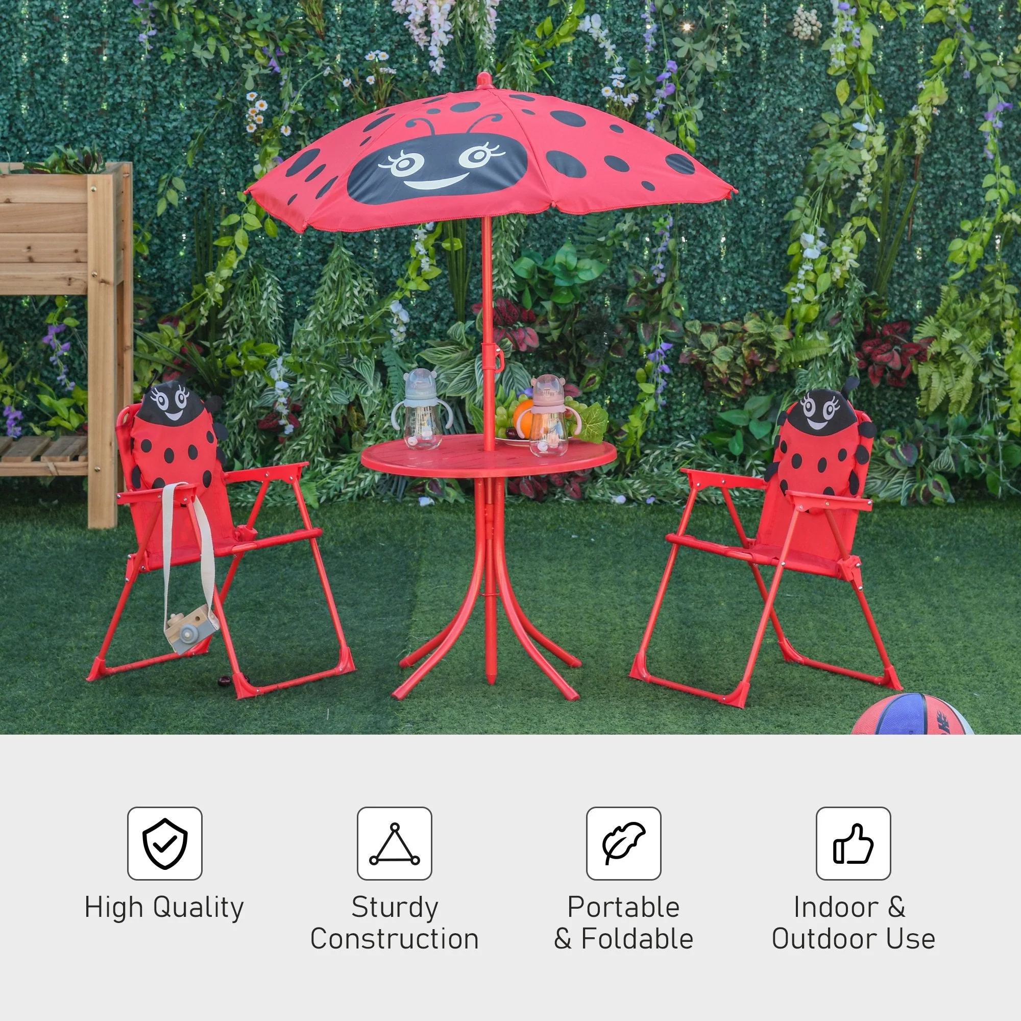 Kids Folding Picnic Table and Chairs Set Ladybug Pattern Outdoor w/ Parasol - Image 3