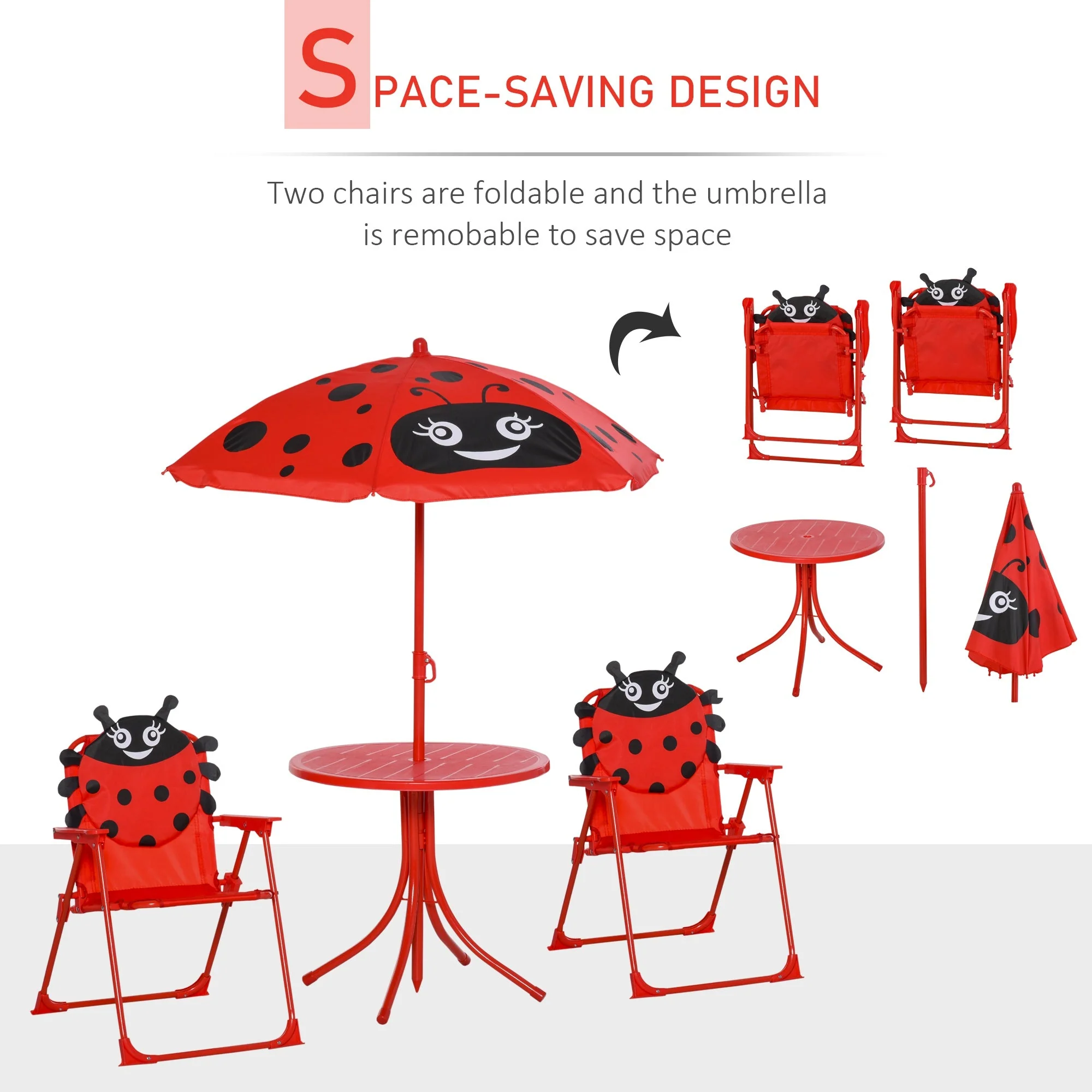 Kids Folding Picnic Table and Chairs Set Ladybug Pattern Outdoor w/ Parasol - Image 4