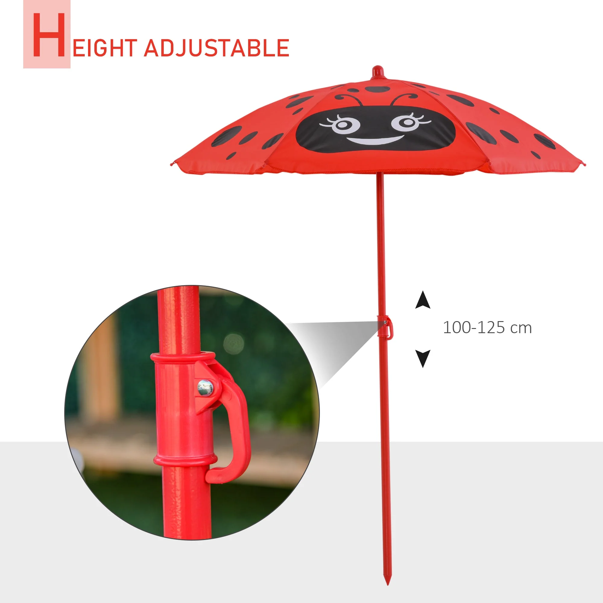 Kids Folding Picnic Table and Chairs Set Ladybug Pattern Outdoor w/ Parasol - Image 5