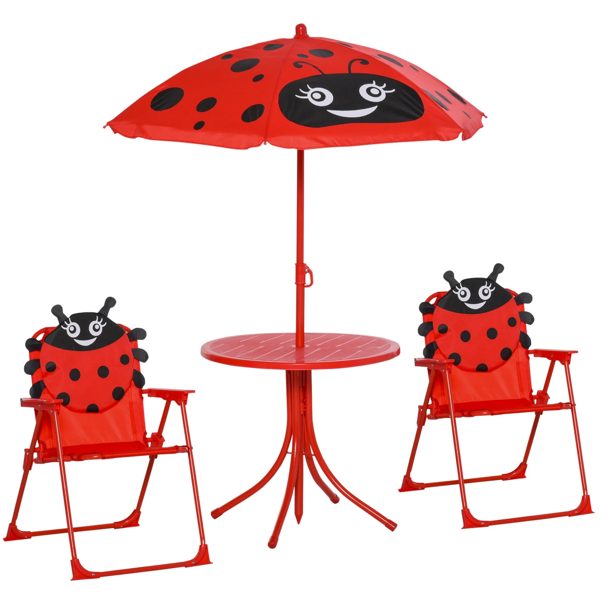 Kids Folding Picnic Table and Chairs Set Ladybug Pattern Outdoor w/ Parasol - Image 8