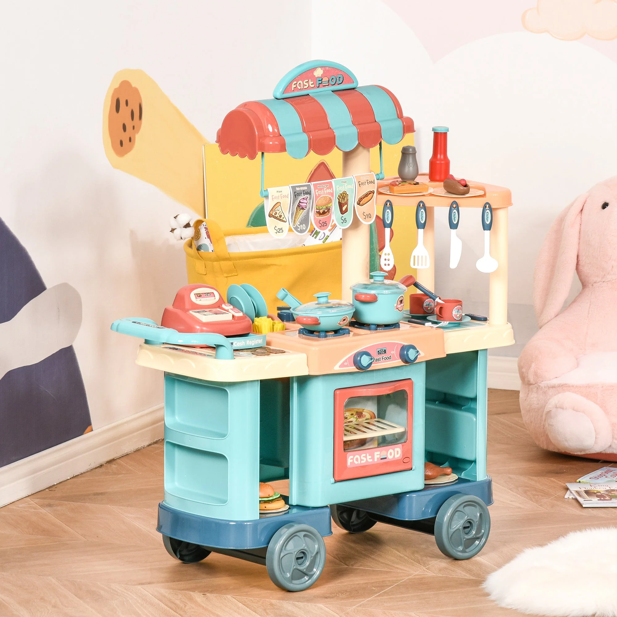 Kids Food Cart Pretend Playset Kitchen Supermarket Trolley Set w/ Accessories - Image 2