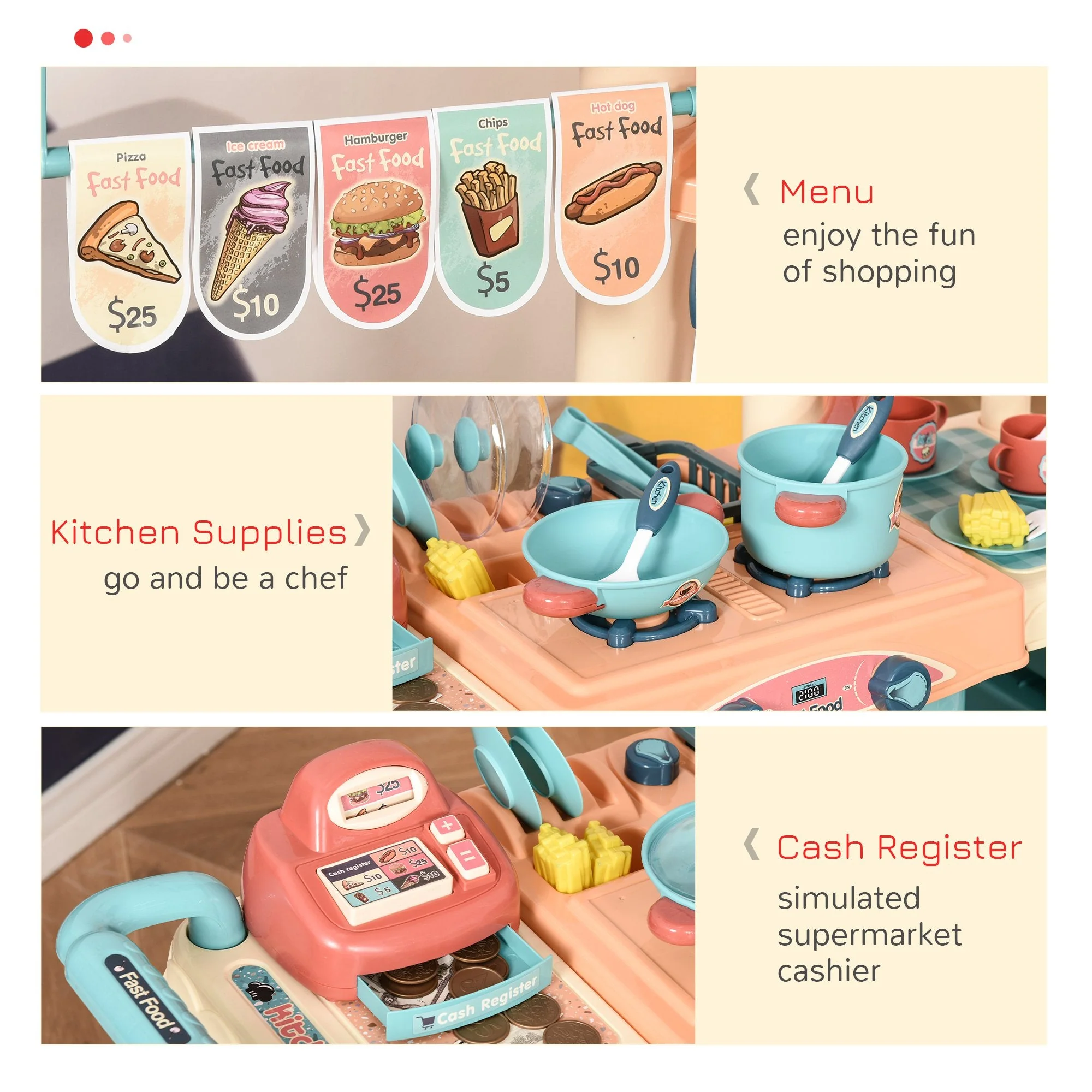 Kids Food Cart Pretend Playset Kitchen Supermarket Trolley Set w/ Accessories - Image 4
