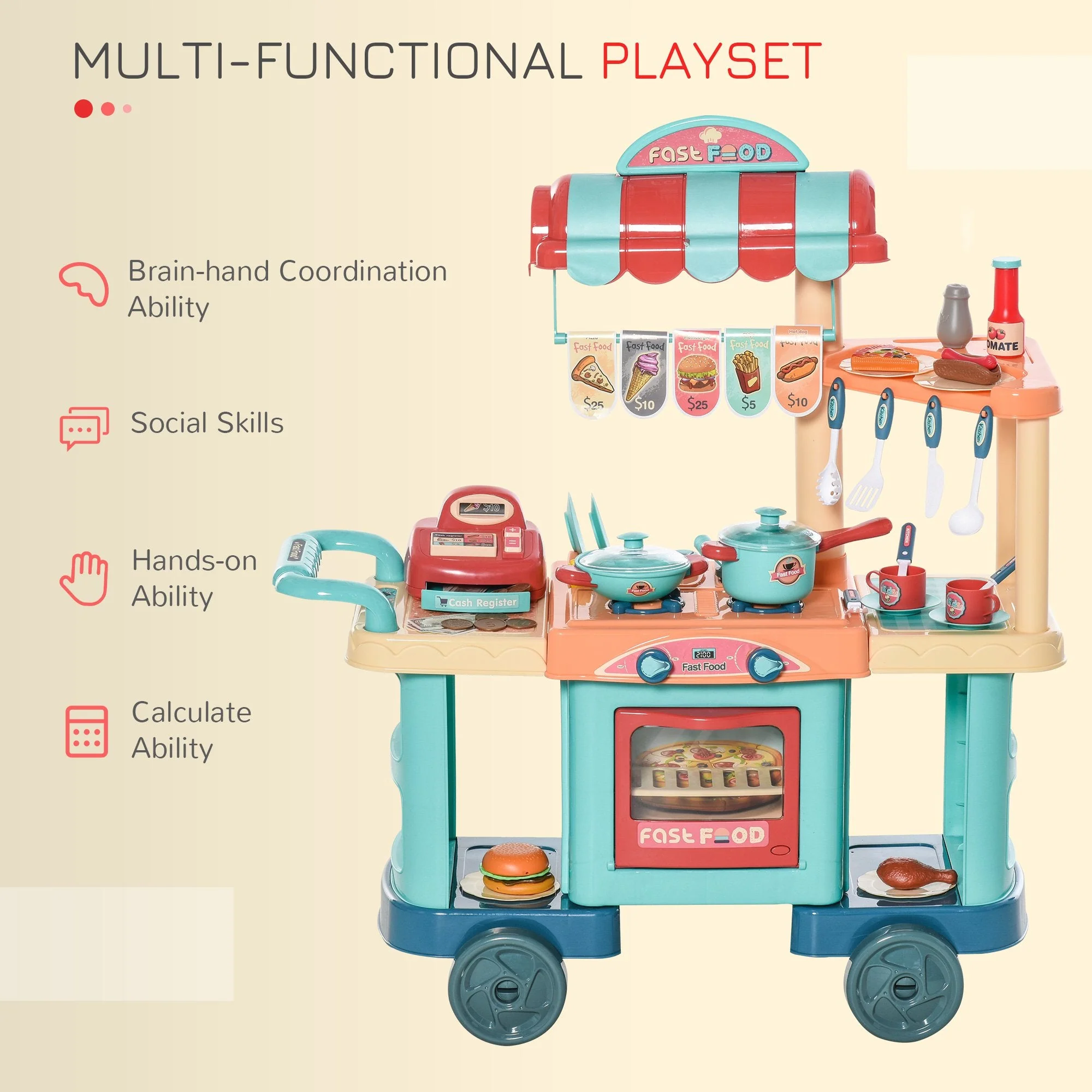 Kids Food Cart Pretend Playset Kitchen Supermarket Trolley Set w/ Accessories - Image 6