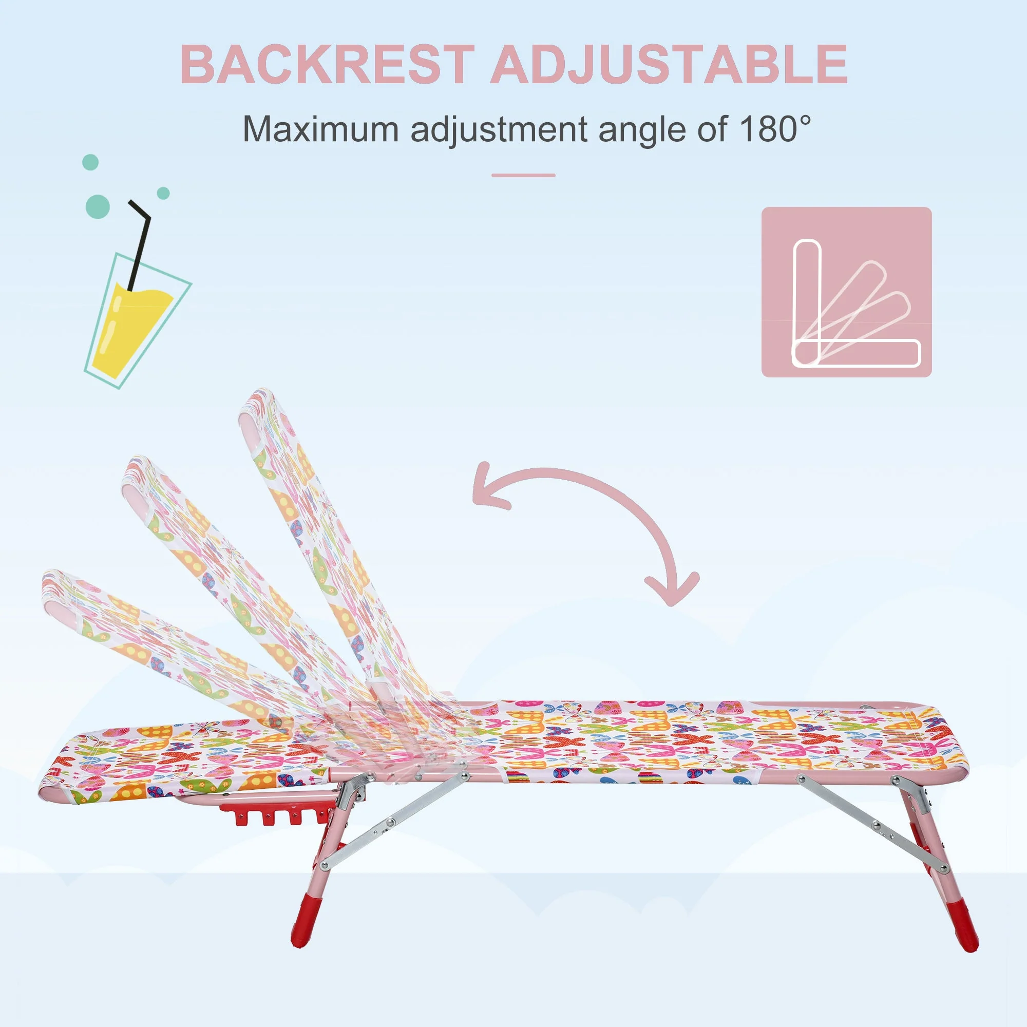 Kids Garden Chairs Reclining Folding Zero Gravity Chairs Lounge Chair Sun Lounger Adjustable Backrest Outdoor Blue 118 x 40 x 24cm Pink - Image 4