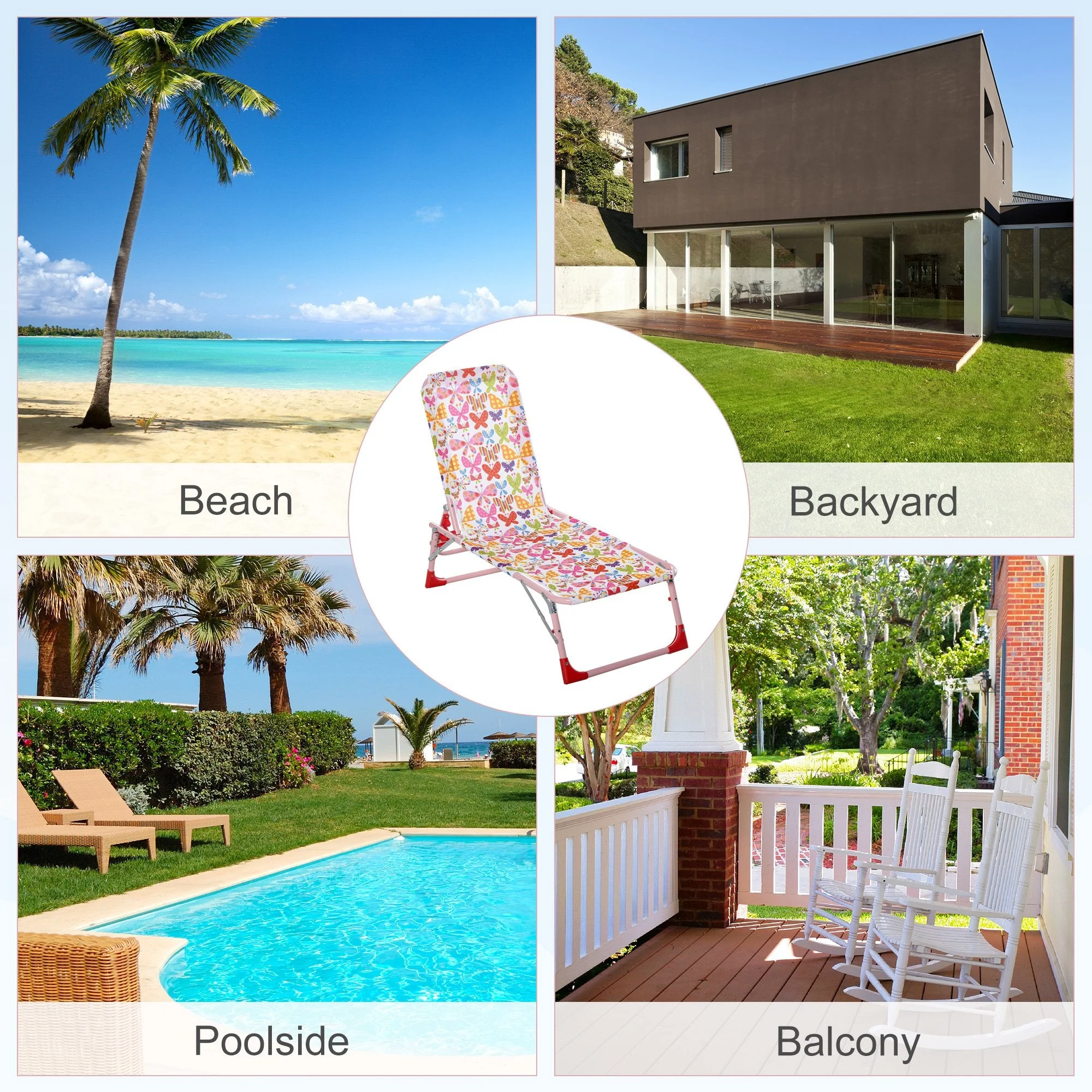 Kids Garden Chairs Reclining Folding Zero Gravity Chairs Lounge Chair Sun Lounger Adjustable Backrest Outdoor Blue 118 x 40 x 24cm Pink - Image 5