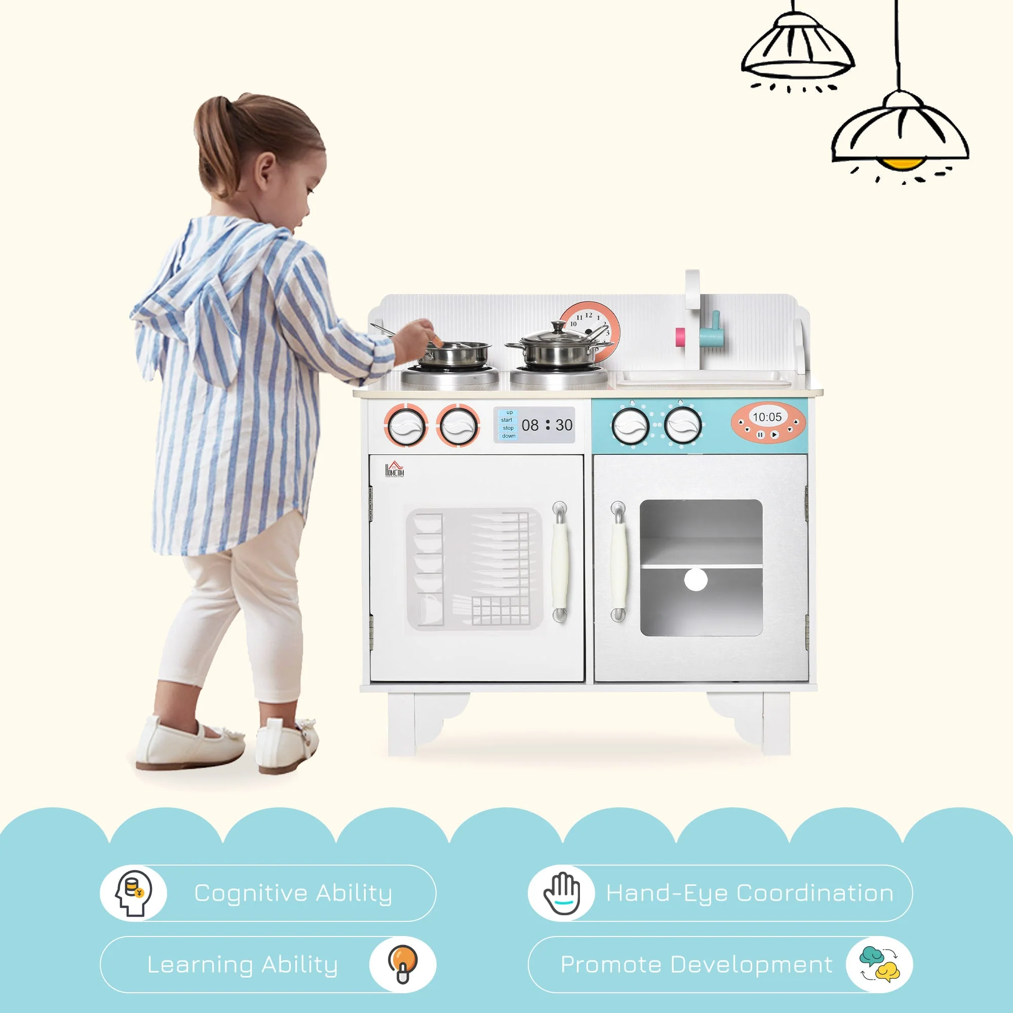 Kids Kitchen Play Cooking Toy Set w/ Sink Cooking Bench for 3-6 Years Old White - Image 3