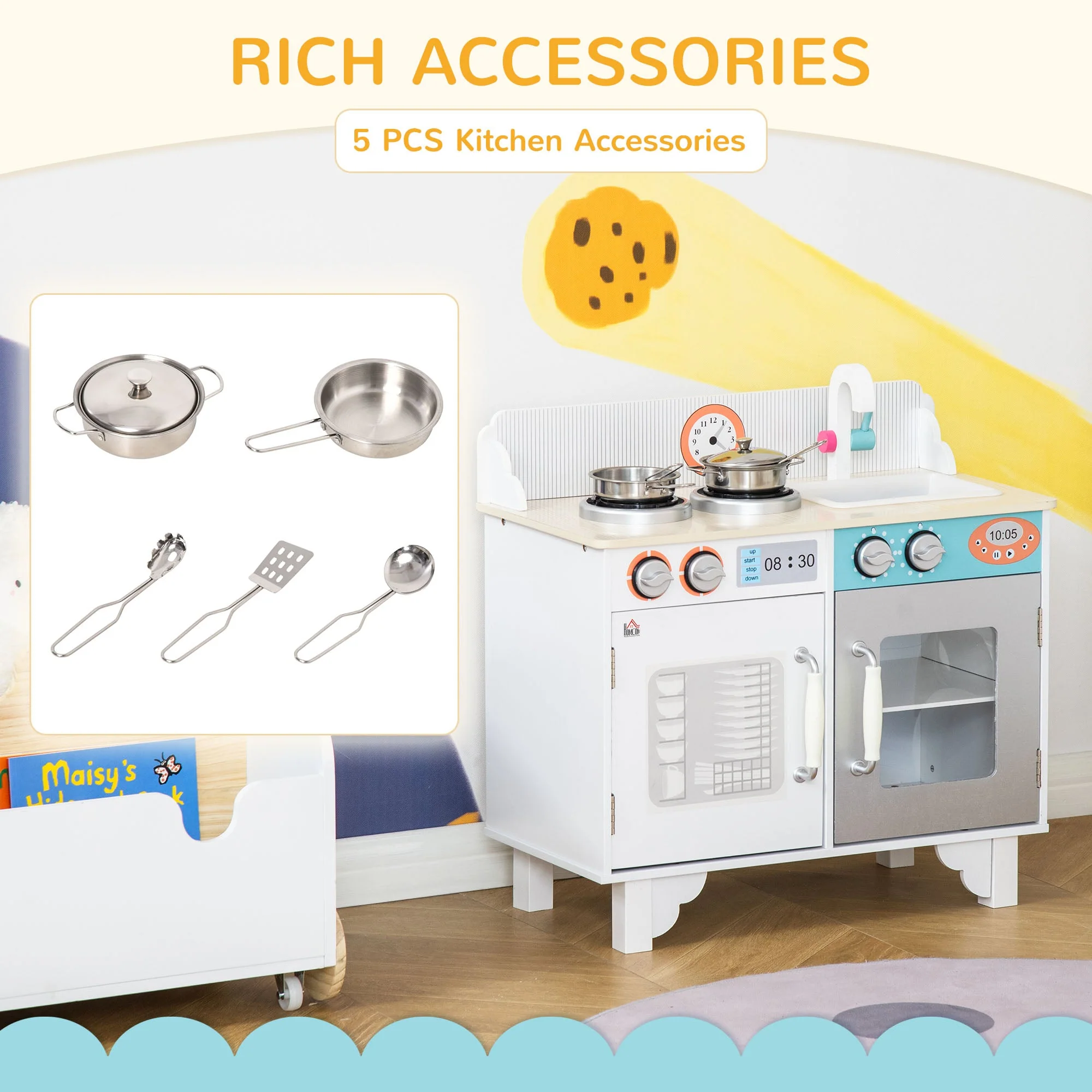 Kids Kitchen Play Cooking Toy Set w/ Sink Cooking Bench for 3-6 Years Old White - Image 4