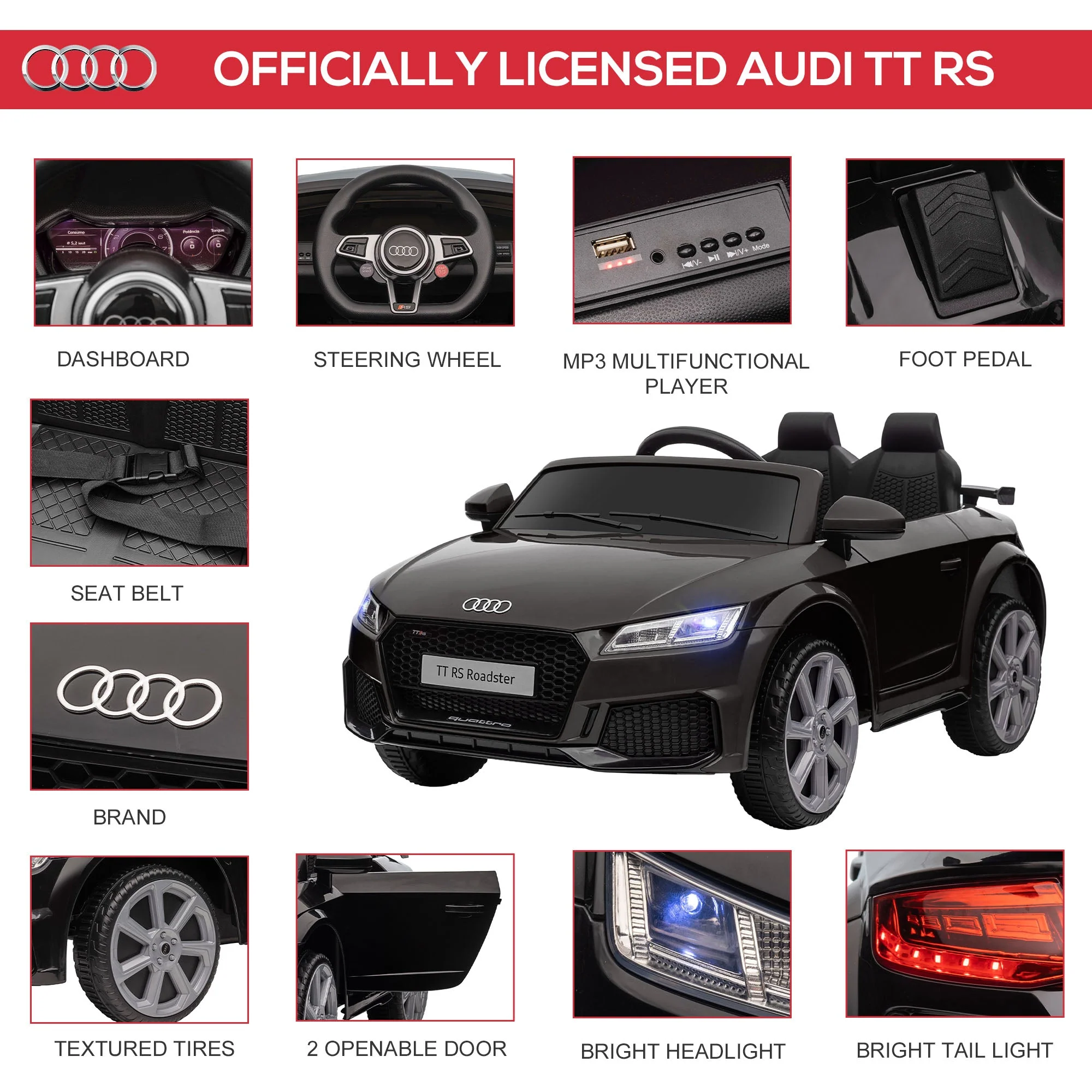 Kids Licensed Audi TT Ride-On Car 12V Battery w/ Remote Suspension Headlights and MP3 Player 2.5-5km/h Black - Image 3