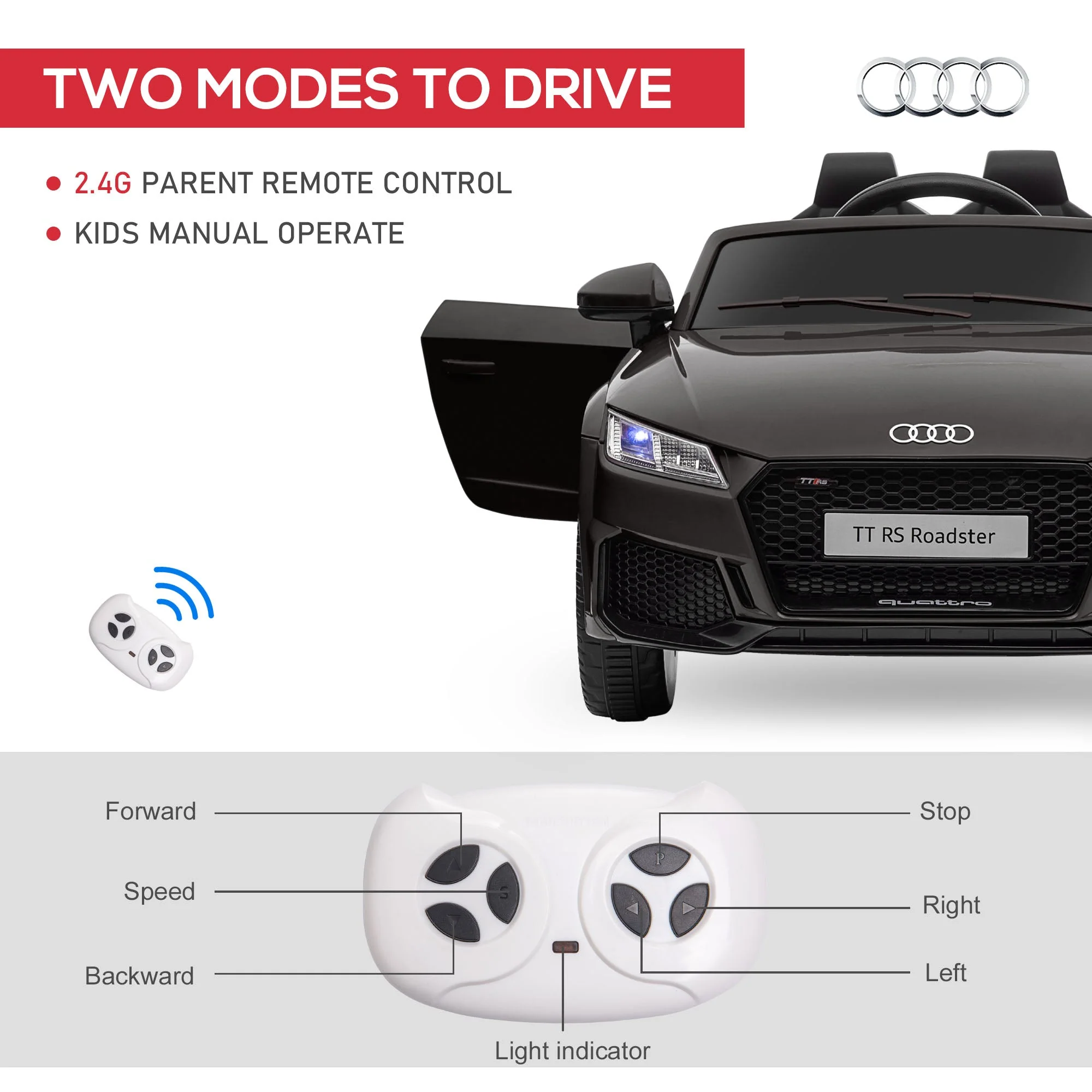 Kids Licensed Audi TT Ride-On Car 12V Battery w/ Remote Suspension Headlights and MP3 Player 2.5-5km/h Black - Image 4