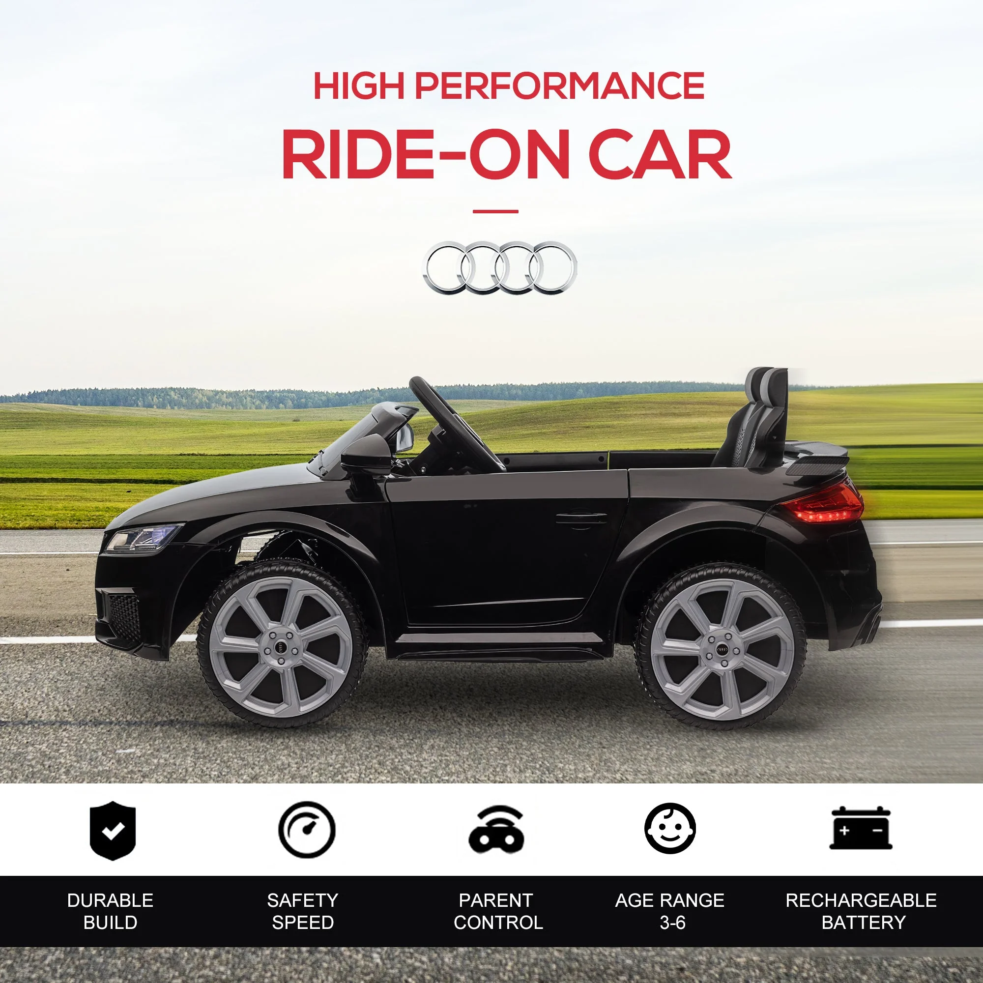 Kids Licensed Audi TT Ride-On Car 12V Battery w/ Remote Suspension Headlights and MP3 Player 2.5-5km/h Black - Image 5