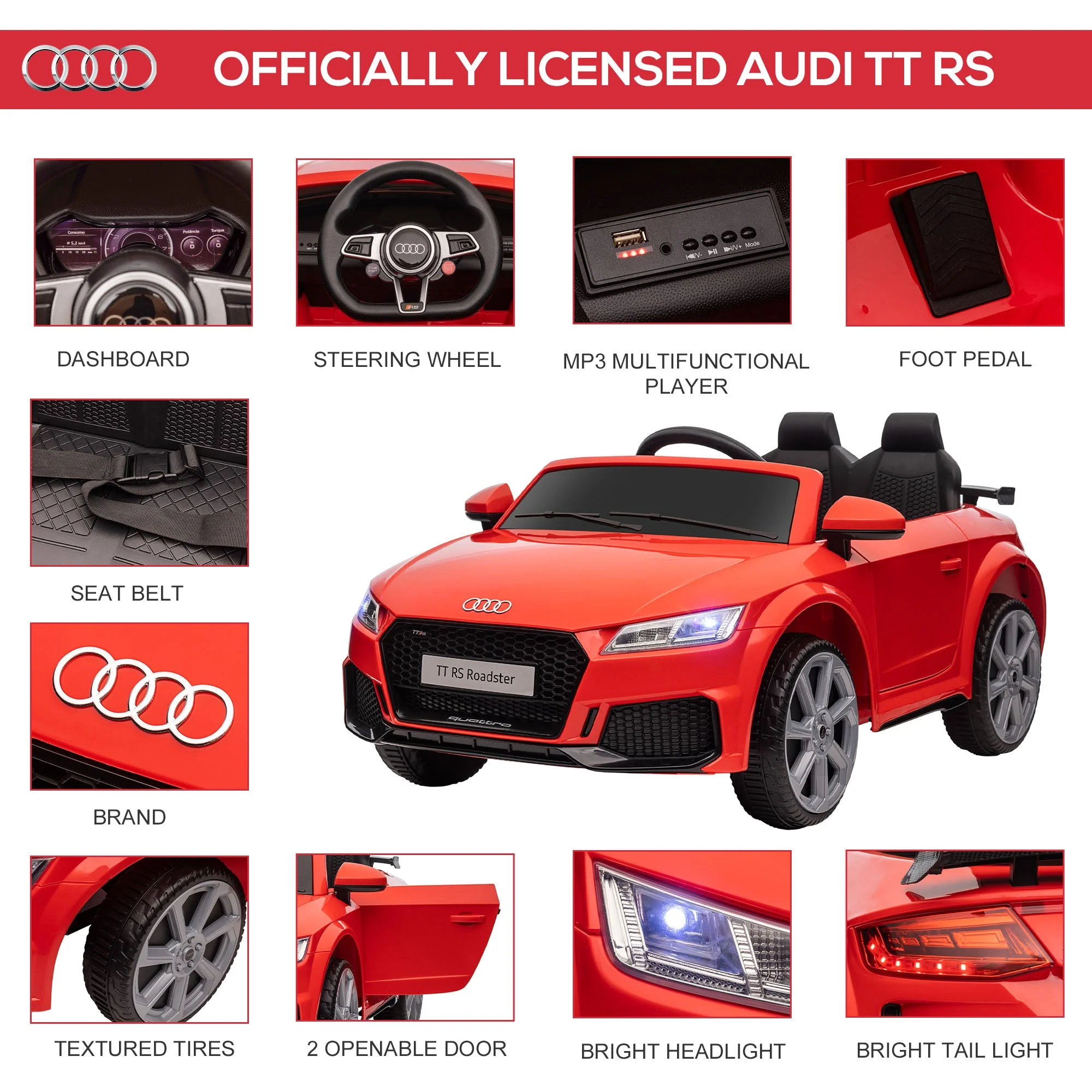 Kids Licensed Audi TT Ride-On Car 12V Battery w/ Remote Suspension Headlights and MP3 Player 2.5-5km/h Red - Image 3
