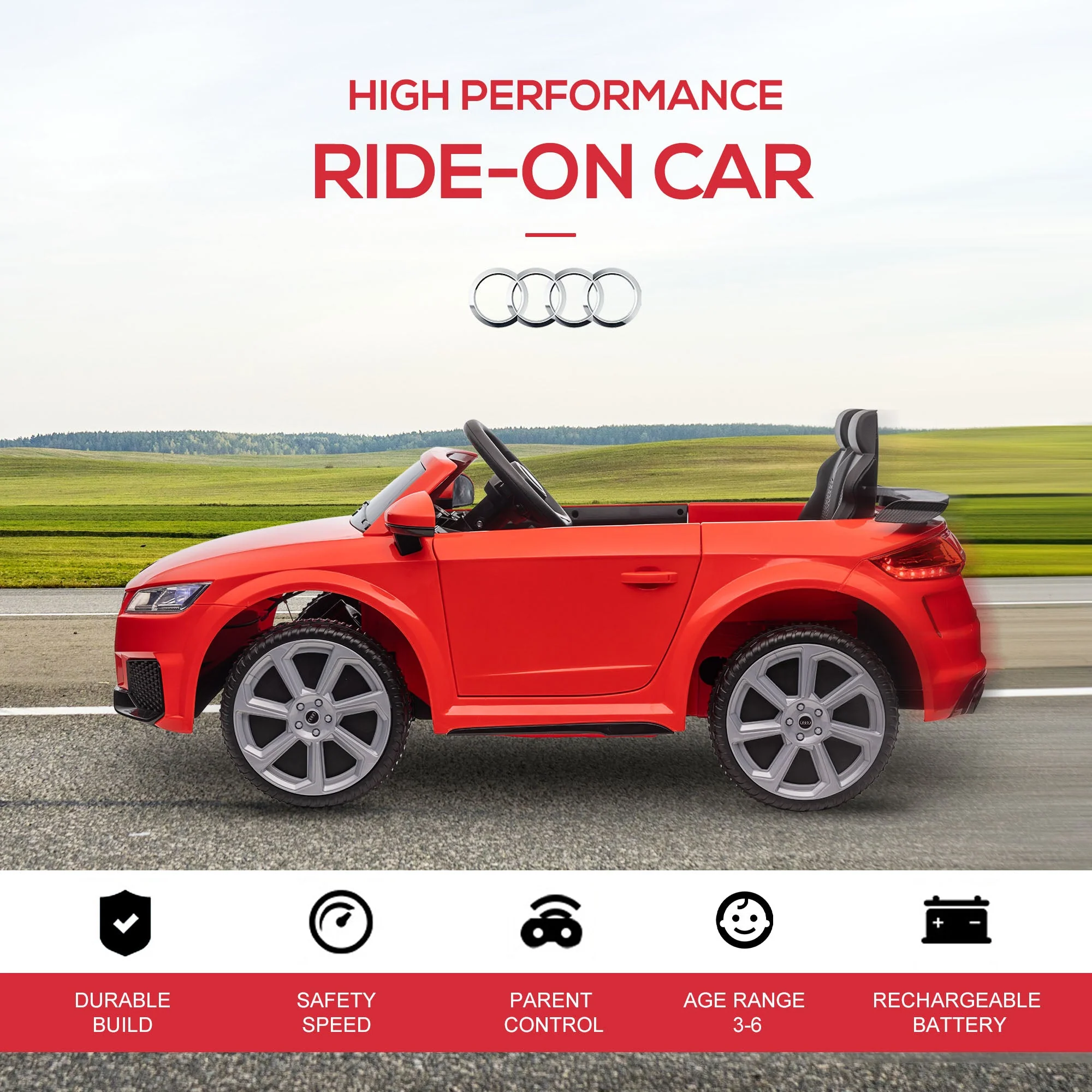 Kids Licensed Audi TT Ride-On Car 12V Battery w/ Remote Suspension Headlights and MP3 Player 2.5-5km/h Red - Image 5