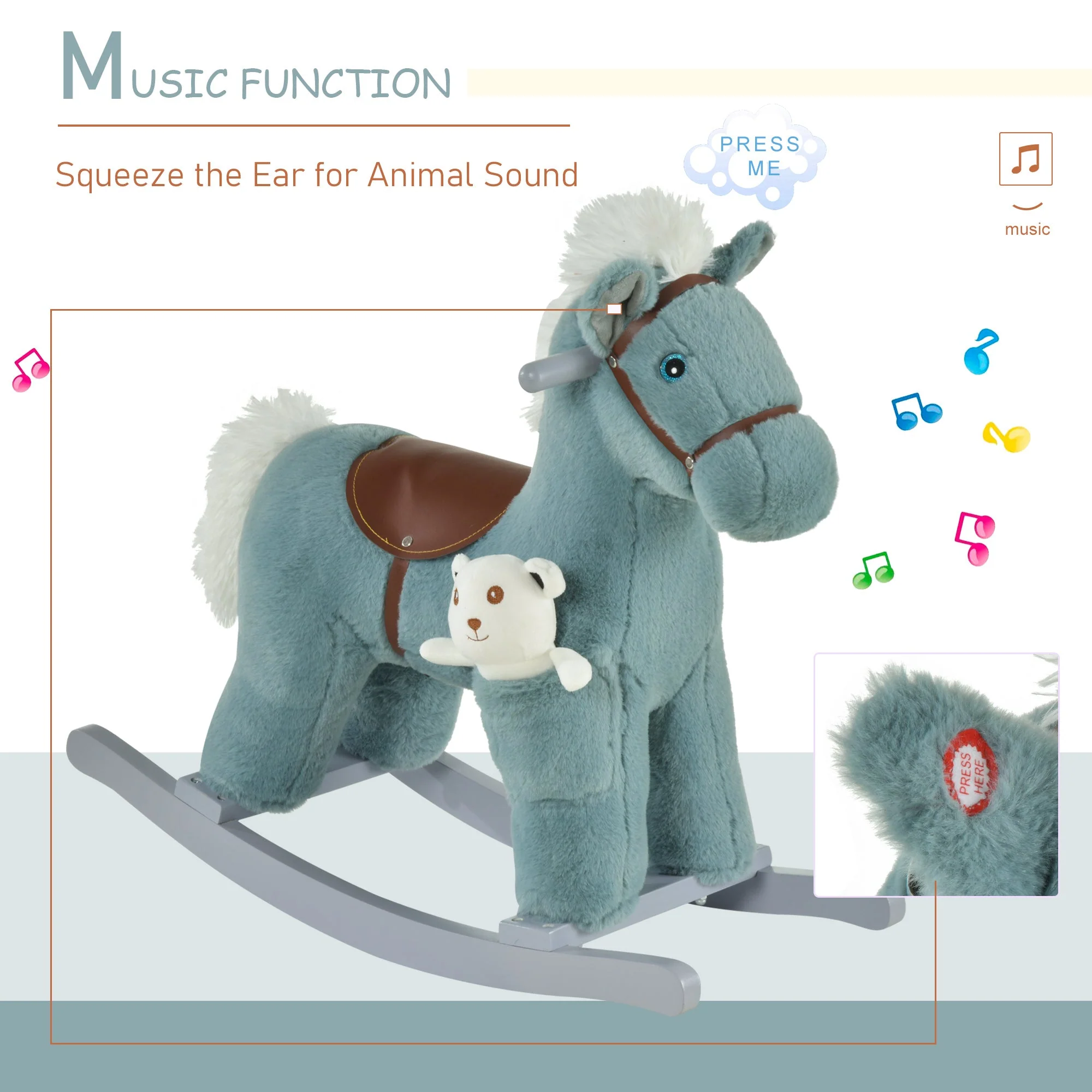 Kids Plush Ride-On Rocking Horse Toy Rocker with Plush Toy Realistic Sounds for Child 18-36 Months Blue - Image 6