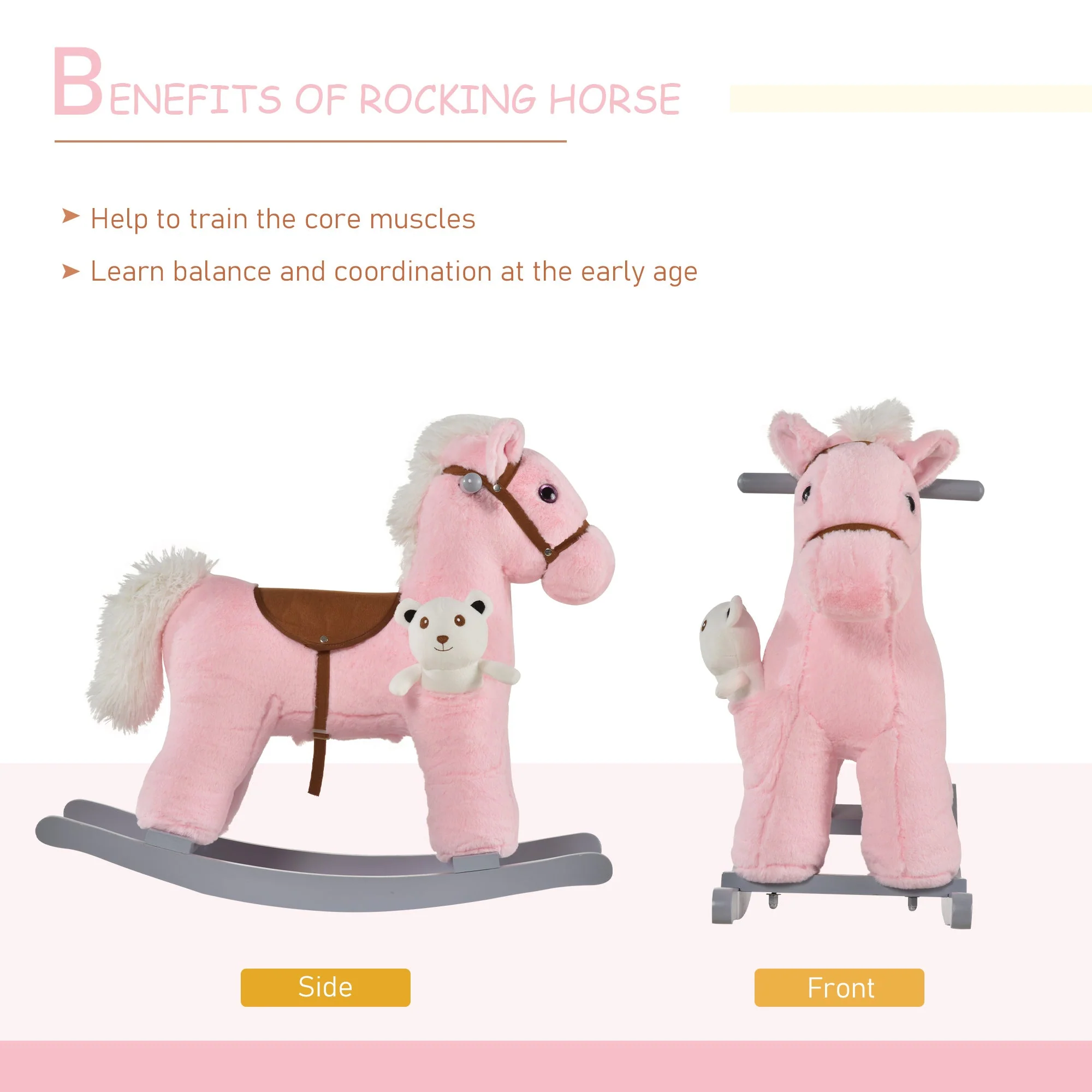 Kids Plush Ride-On Rocking Horse Toy Rocker with Plush Toy Realistic Sounds for Child 18-36 Months Pink - Image 5