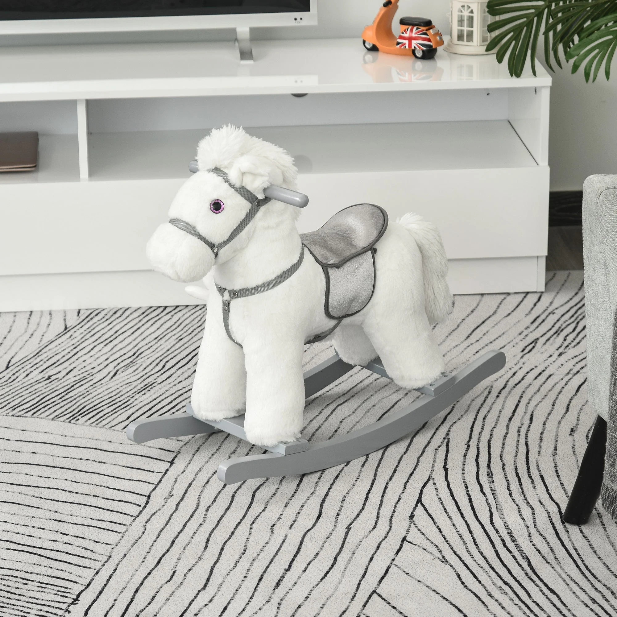 Kids Plush Ride-On Rocking Horse Toy Rocker With Plush Toy Realistic Sounds For Child 18-36 Months White - Image 3