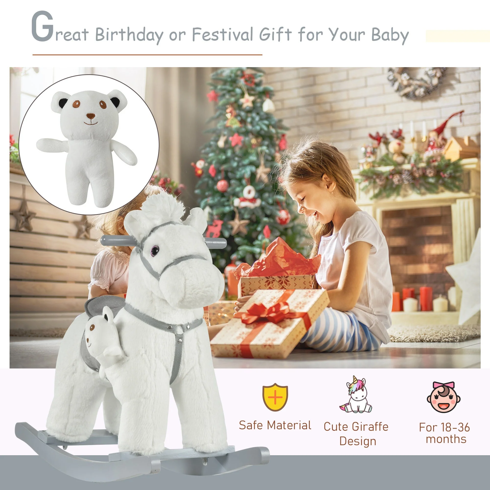 Kids Plush Ride-On Rocking Horse Toy Rocker With Plush Toy Realistic Sounds For Child 18-36 Months White - Image 5