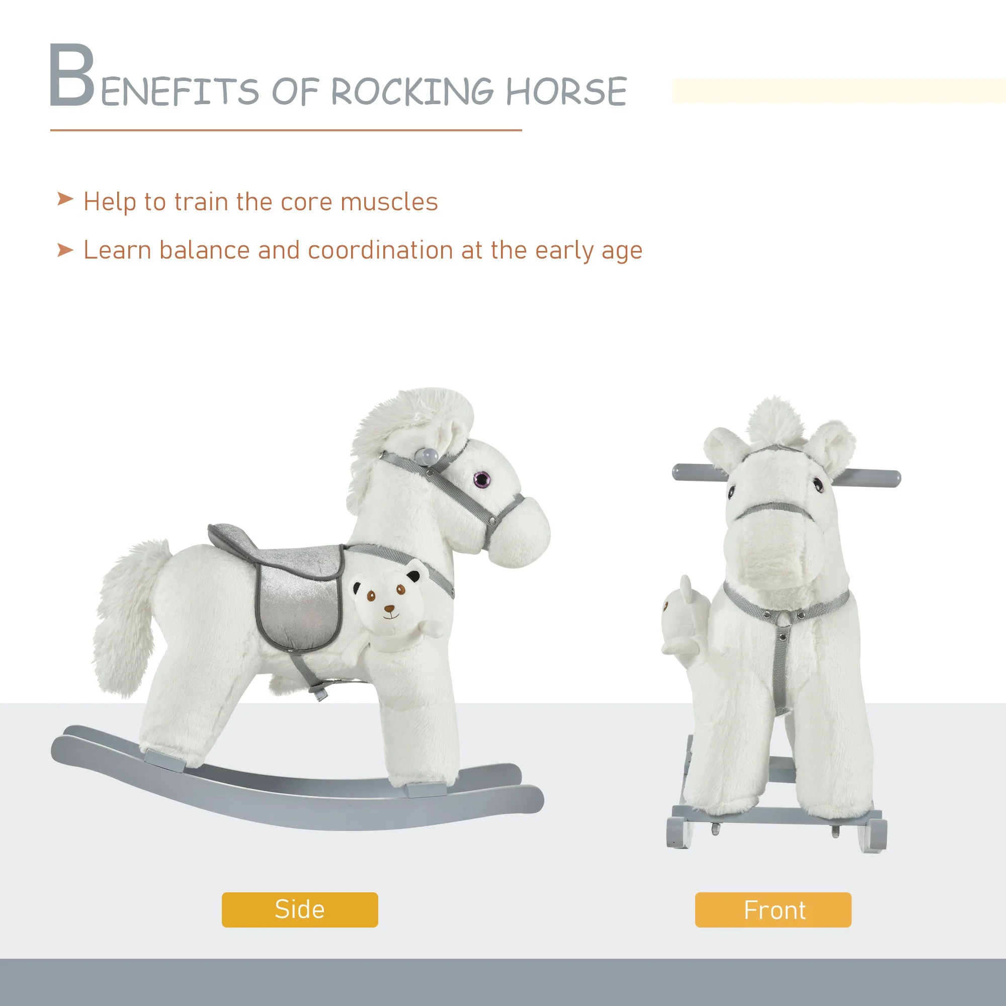 Kids Plush Ride-On Rocking Horse Toy Rocker With Plush Toy Realistic Sounds For Child 18-36 Months White - Image 6