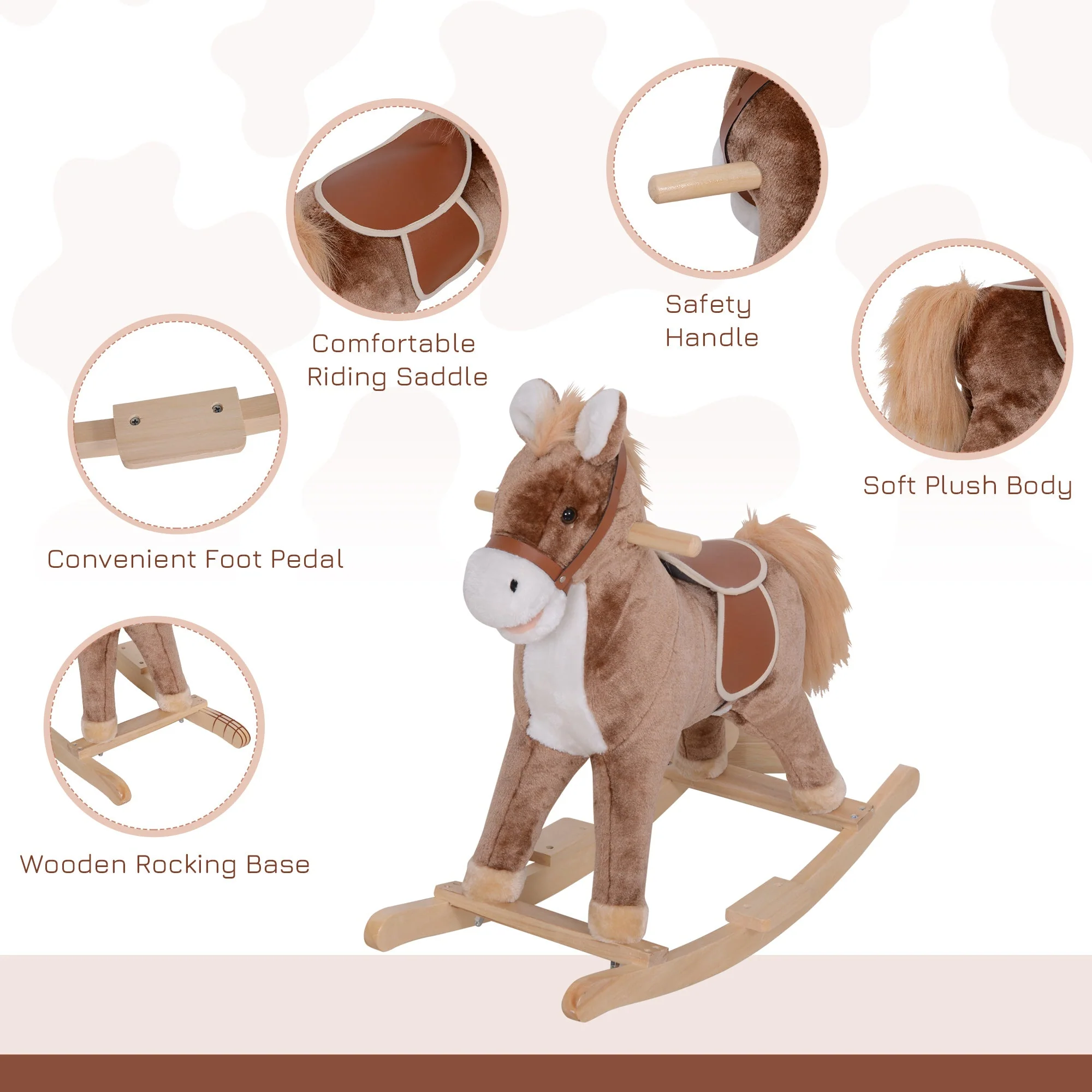 Kids Plush Rocking Horse-Brown/White - Image 6