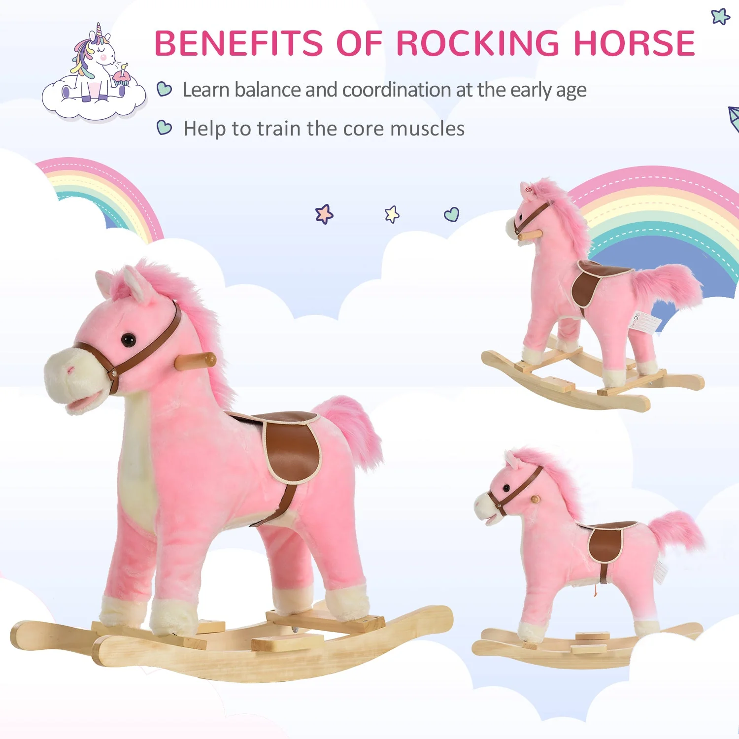 Kids Plush Rocking Horse w/ Sound Moving Mouth Wagging Tail Children Rocker Ride On Toy Gift 36 - 72 Months Pink - Image 3
