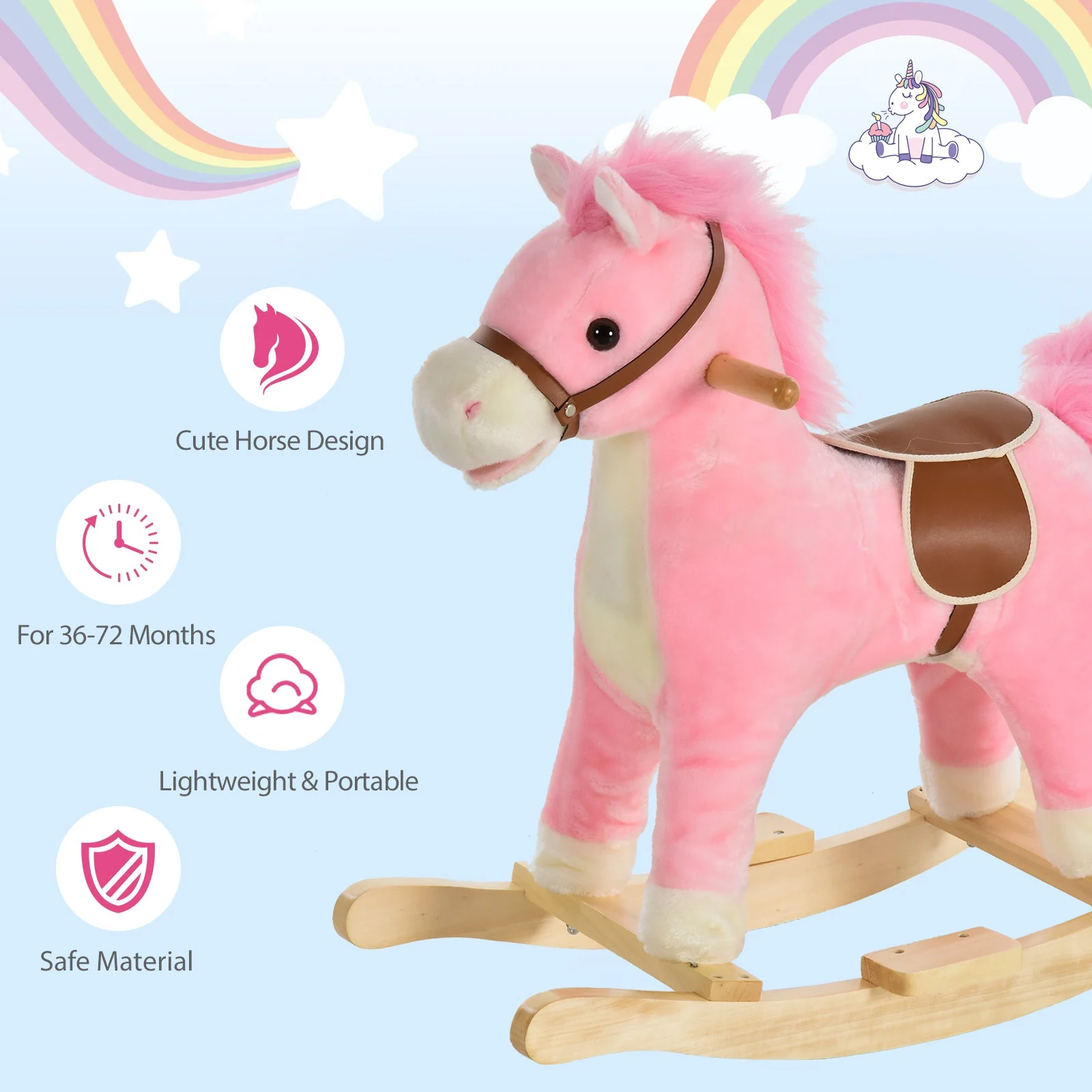 Kids Plush Rocking Horse w/ Sound Moving Mouth Wagging Tail Children Rocker Ride On Toy Gift 36 - 72 Months Pink - Image 4