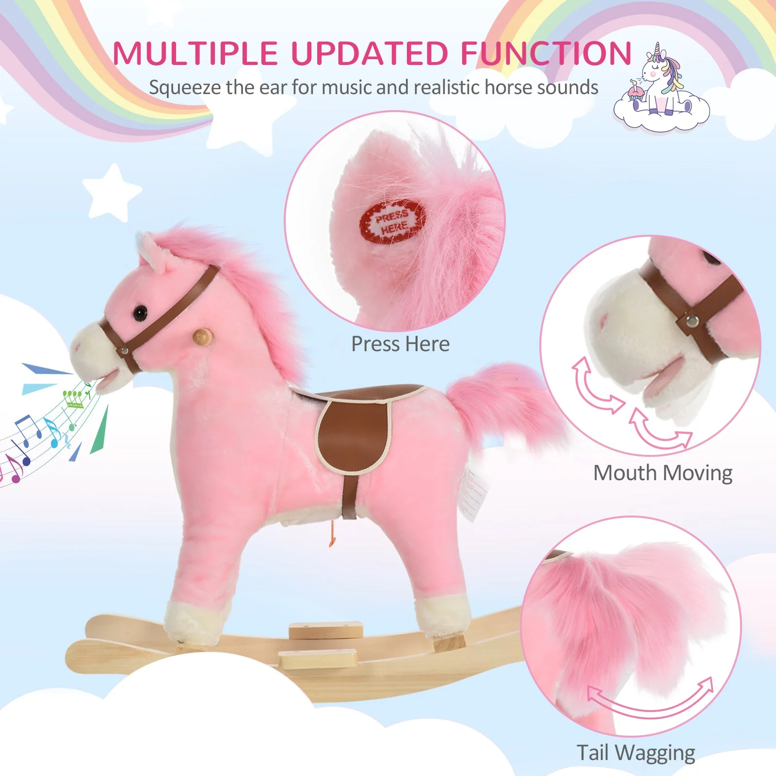 Kids Plush Rocking Horse w/ Sound Moving Mouth Wagging Tail Children Rocker Ride On Toy Gift 36 - 72 Months Pink - Image 5