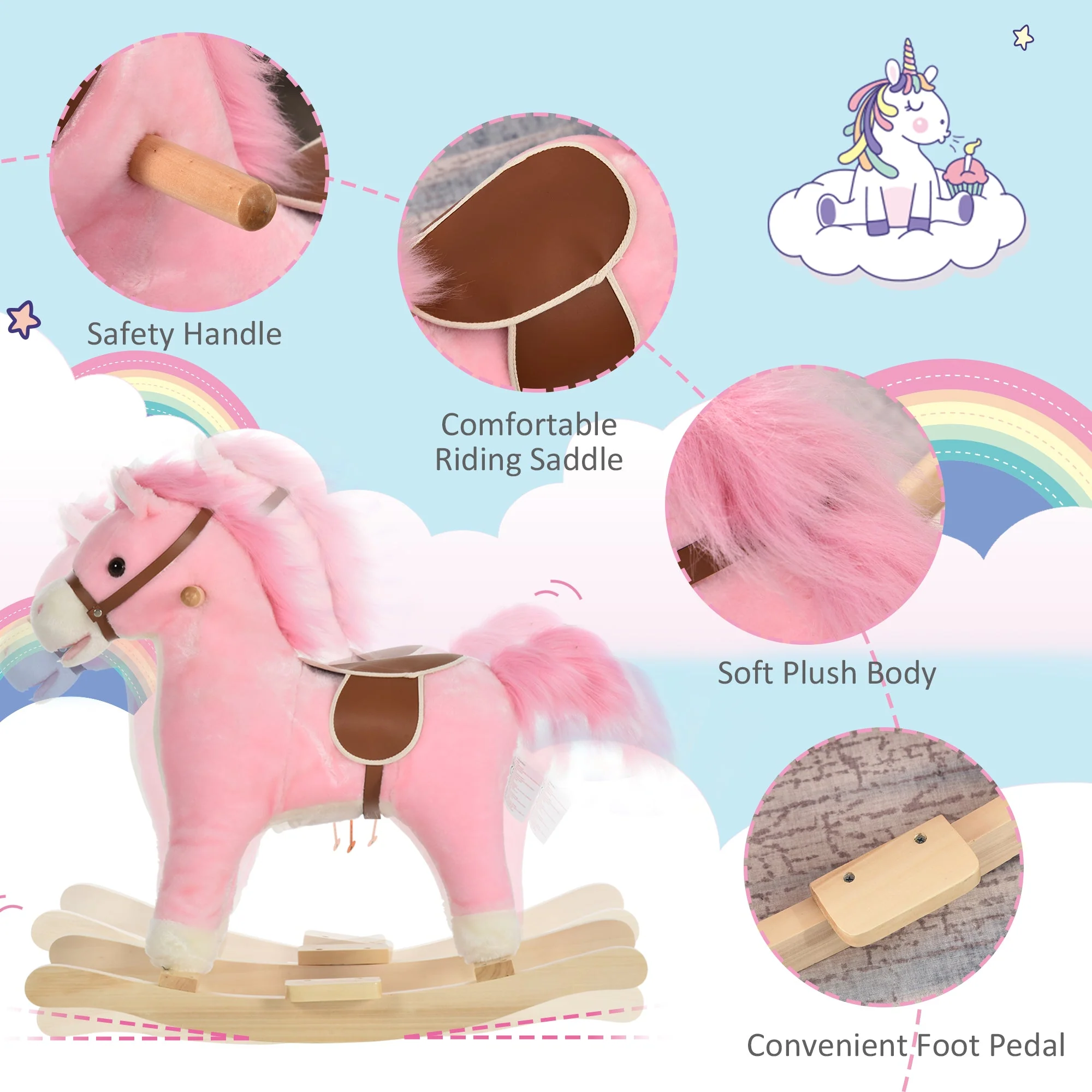 Kids Plush Rocking Horse w/ Sound Moving Mouth Wagging Tail Children Rocker Ride On Toy Gift 36 - 72 Months Pink - Image 6