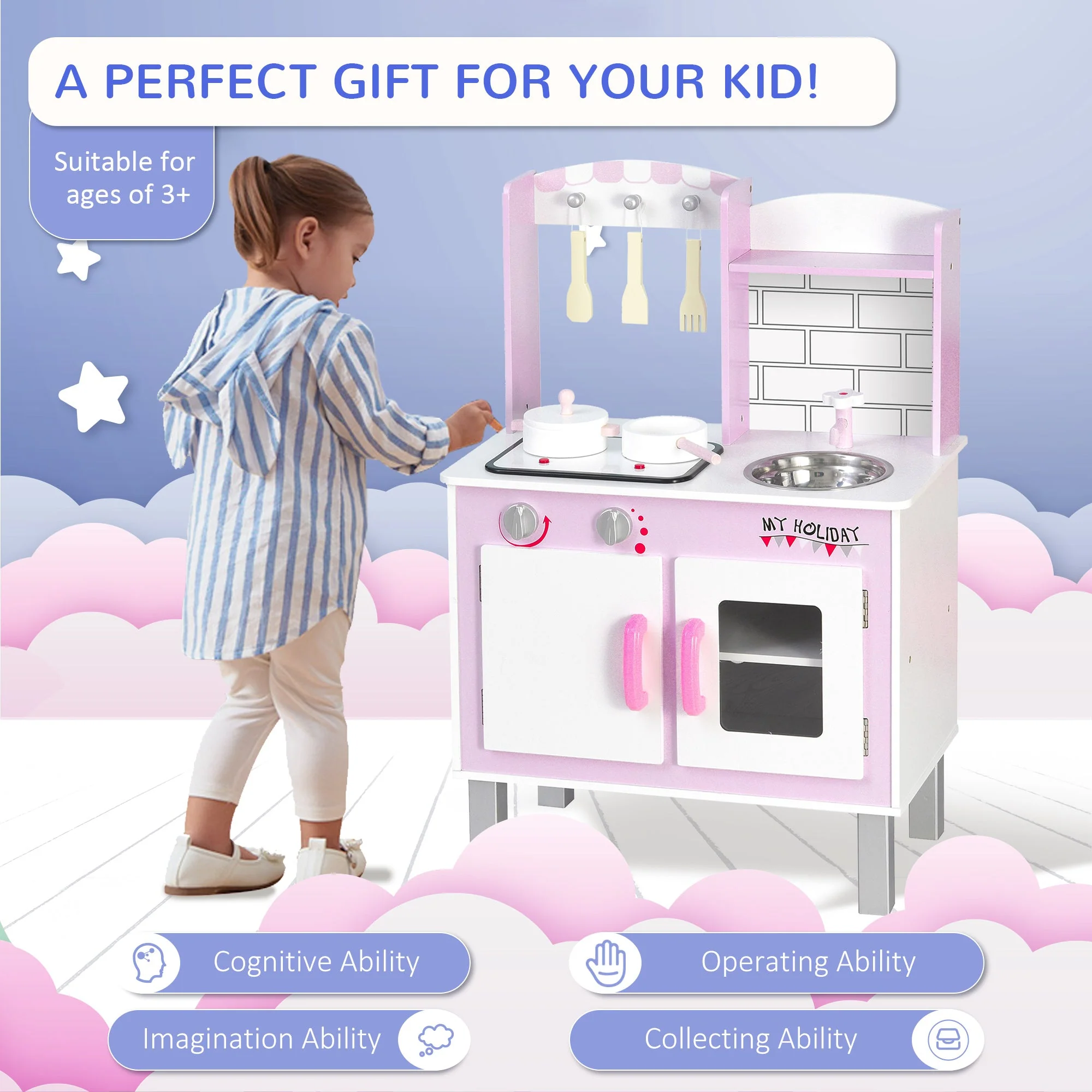 Kids Pretend Kitchen Playset w/ Cooking Toy Accessories - Pink - Image 4