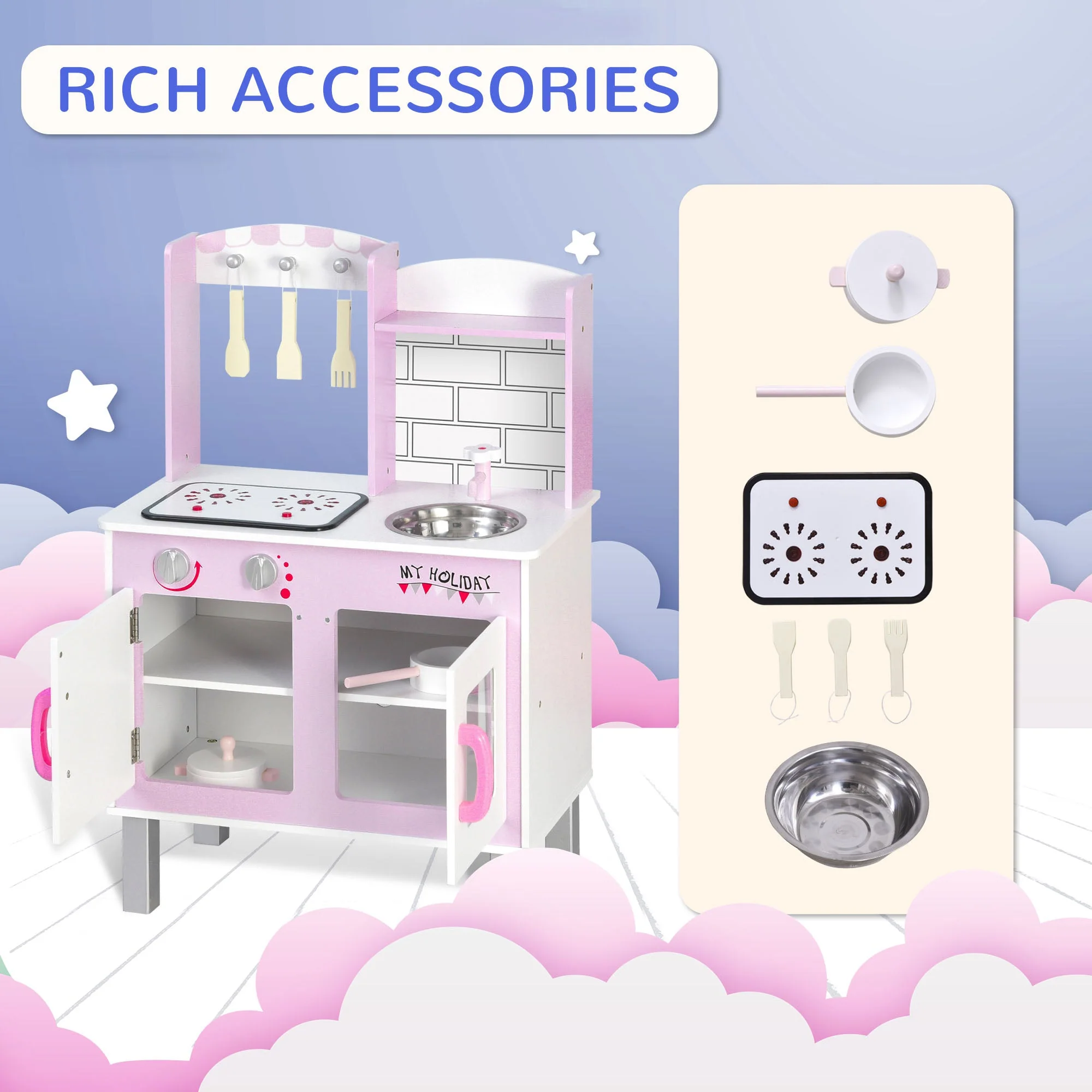Kids Pretend Kitchen Playset w/ Cooking Toy Accessories - Pink - Image 6
