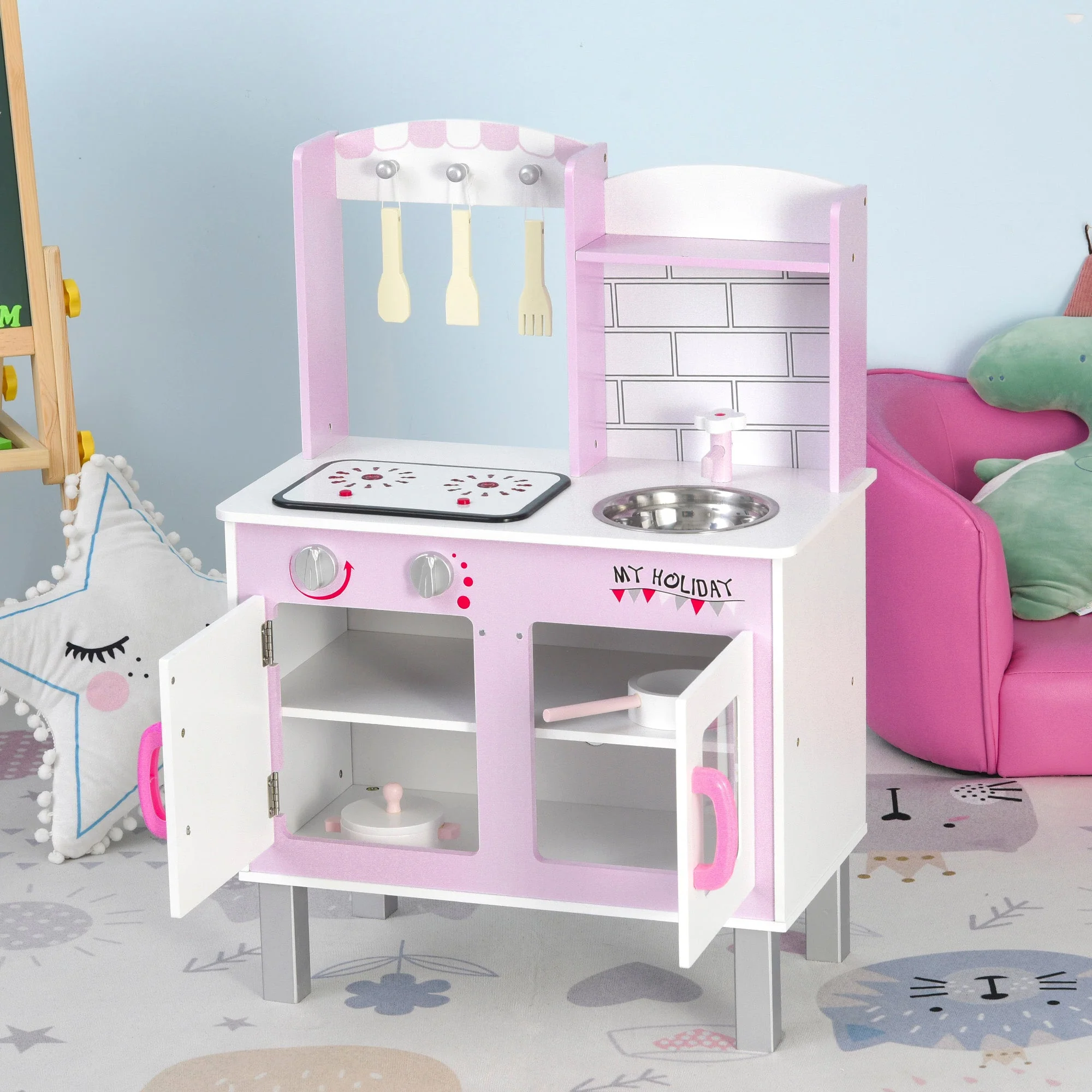 Kids Pretend Kitchen Playset w/ Cooking Toy Accessories - Pink - Image 7