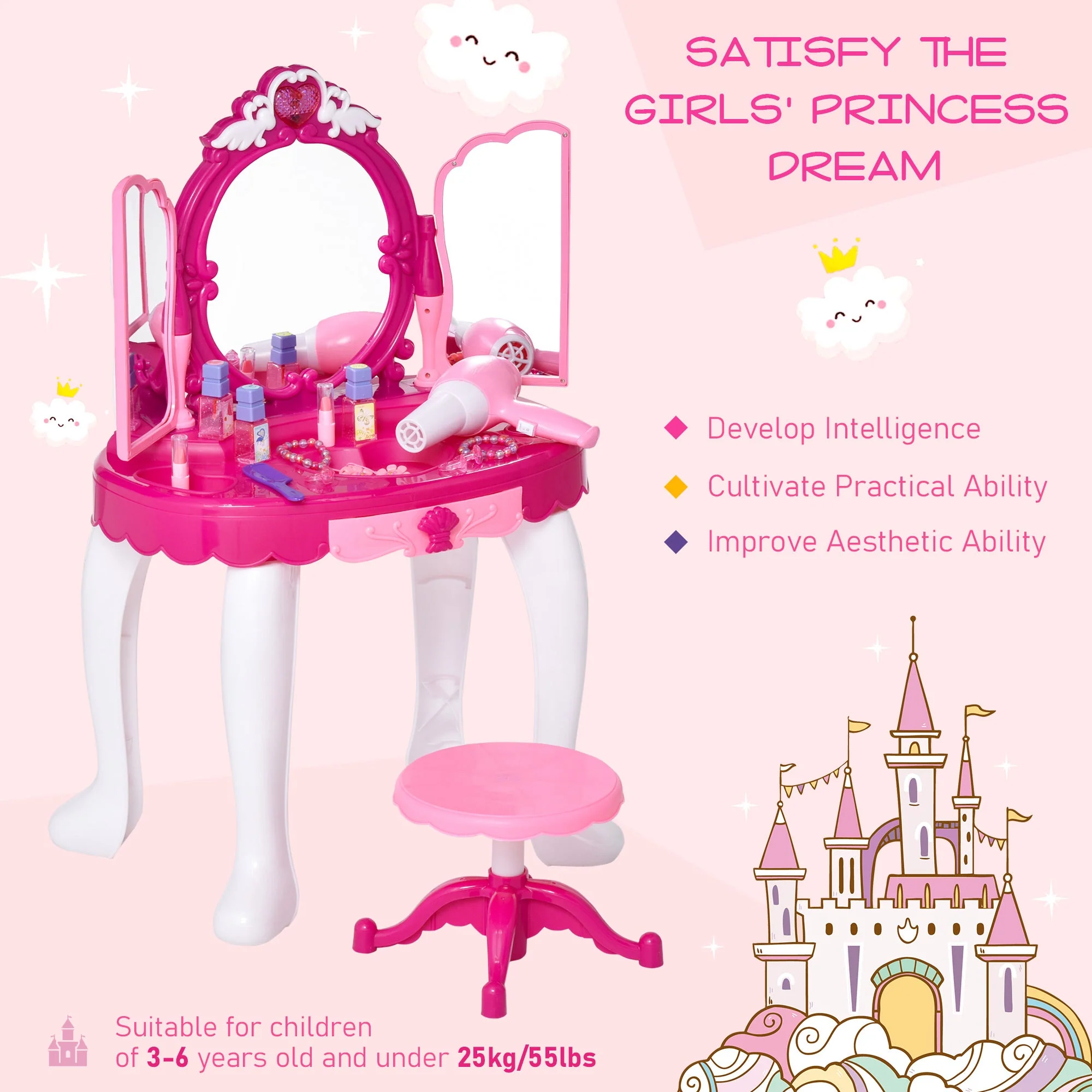 Kids Pretend Play Plastic Vanity Table Set w/ Sound Effect Purple/Red - Image 4