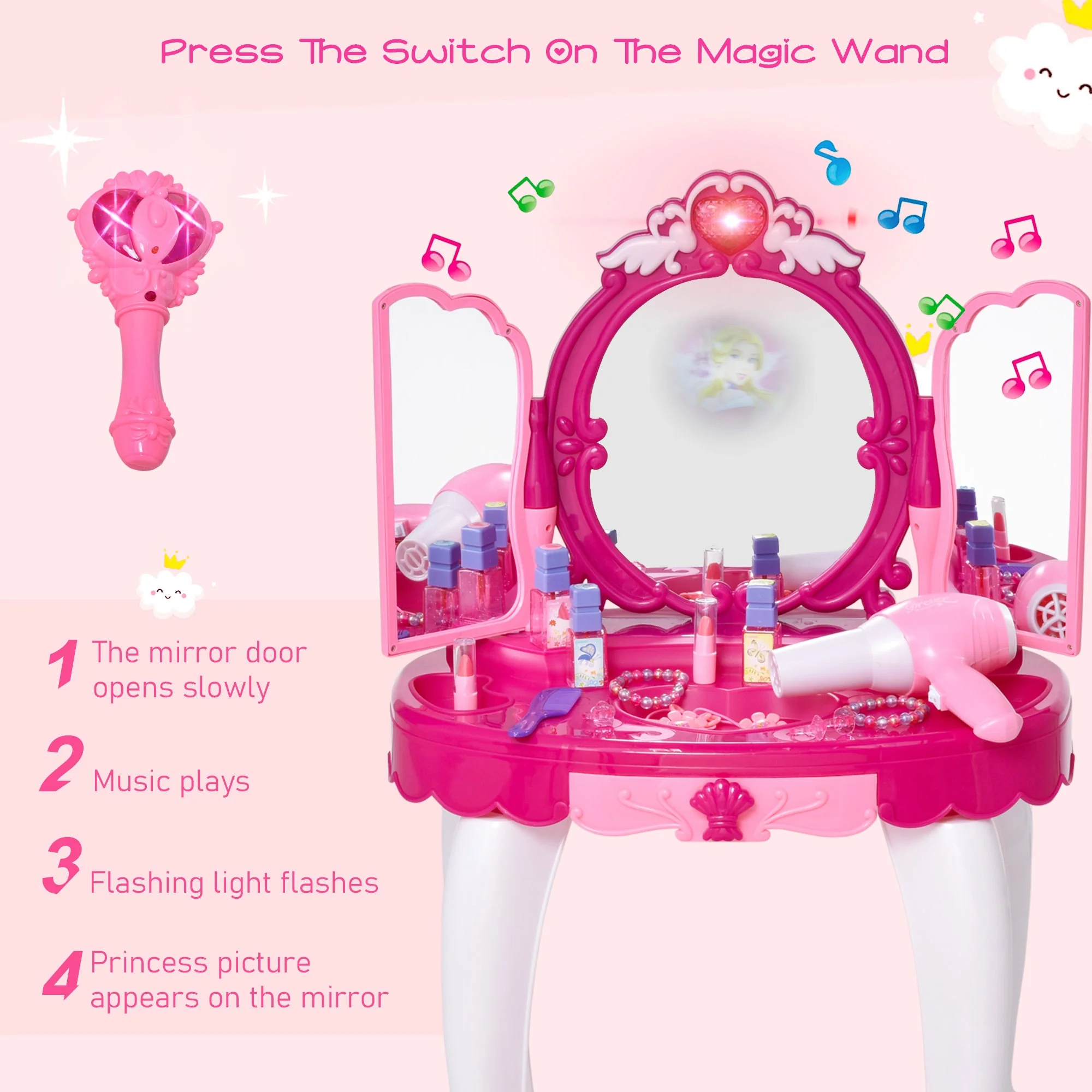 Kids Pretend Play Plastic Vanity Table Set w/ Sound Effect Purple/Red - Image 5
