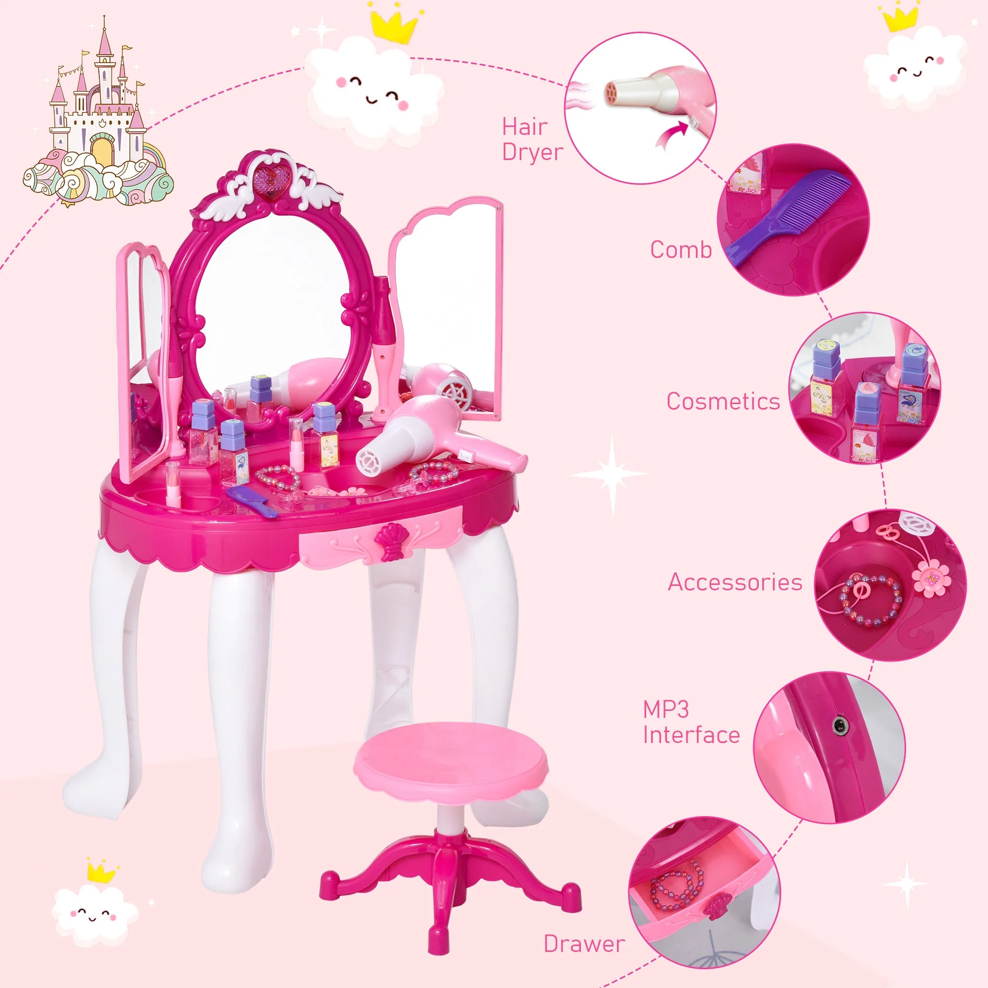 Kids Pretend Play Plastic Vanity Table Set w/ Sound Effect Purple/Red - Image 6