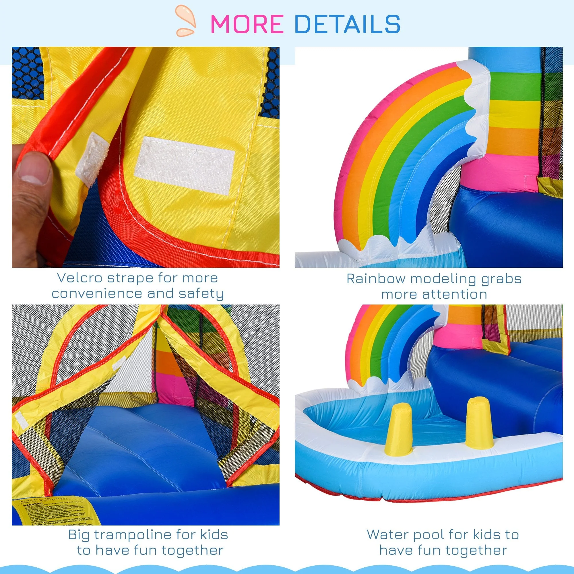 Kids Rainbow Bouncy Castle & Pool House Inflatable Trampoline w/ Blower Pump Outdoor Play Garden Activity Exercise Fun 3-8 Years 2.8 x 1.7 x 1.55m - Image 8
