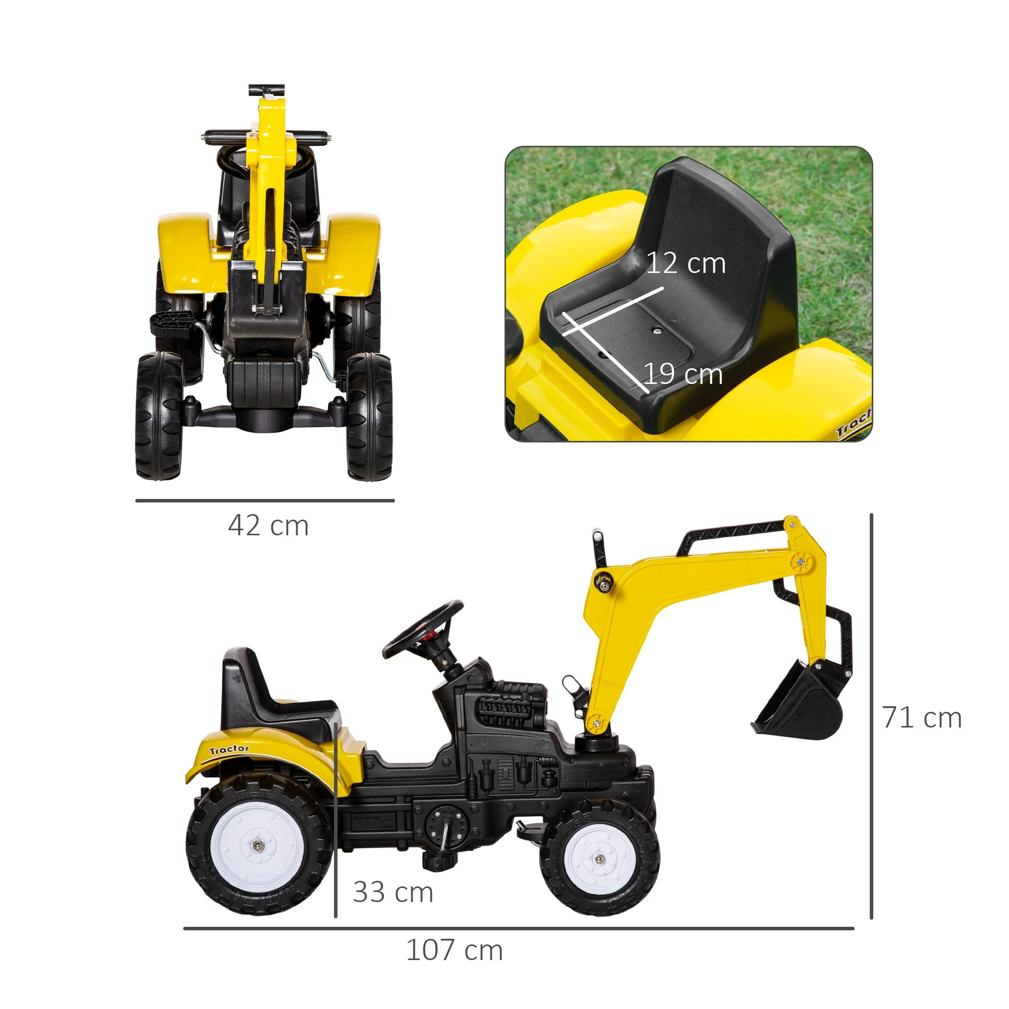 Kids Ride on Digger Pedal Go Kart Pretend Play Construction Car with Horn for 3 - 6 Years - Image 3