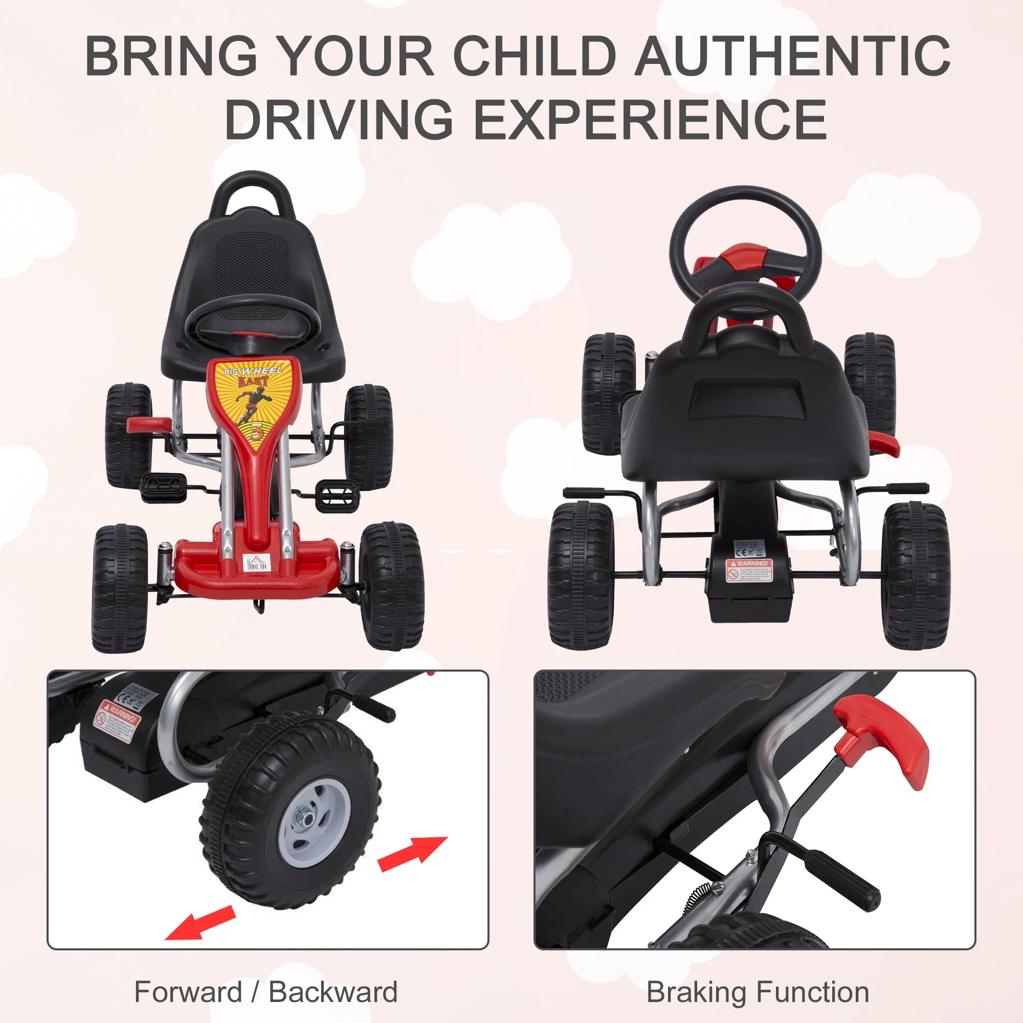 Kids Ride on Pedal Go Kart W/Hand Brake-Red - Image 4