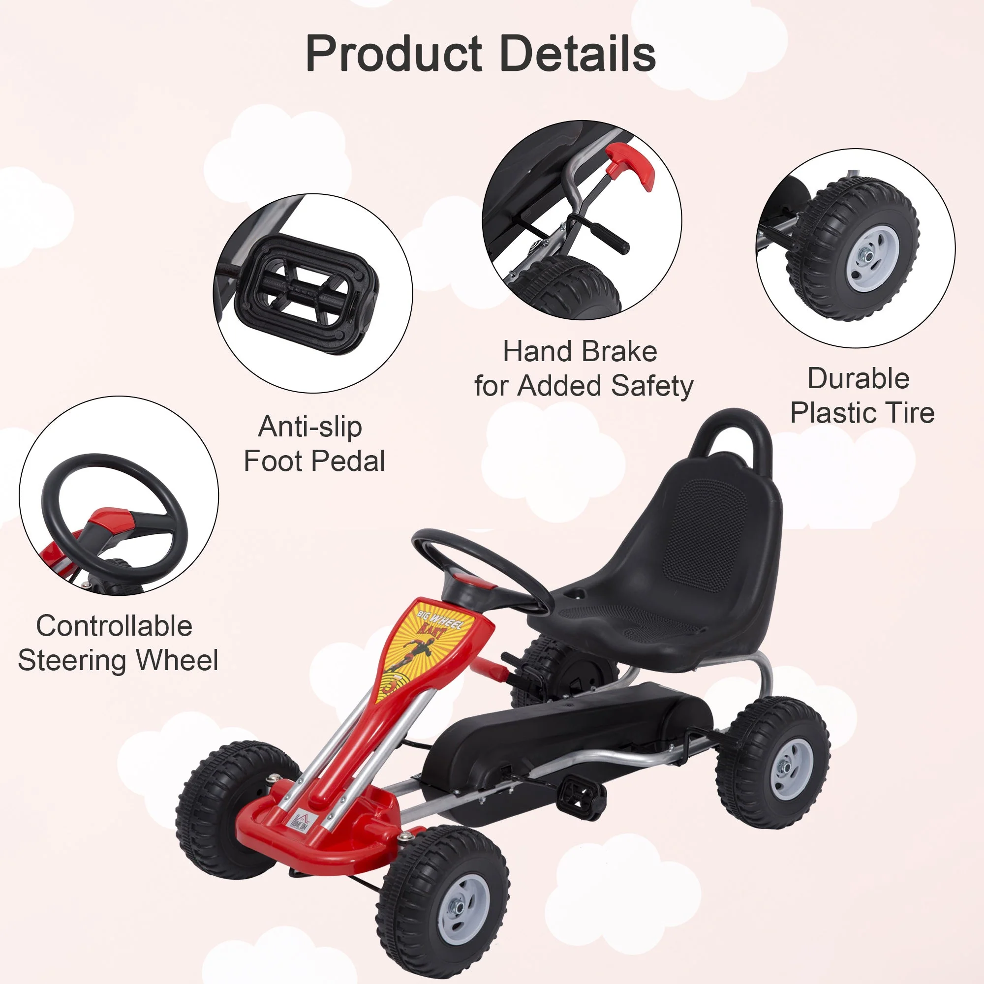 Kids Ride on Pedal Go Kart W/Hand Brake-Red - Image 6