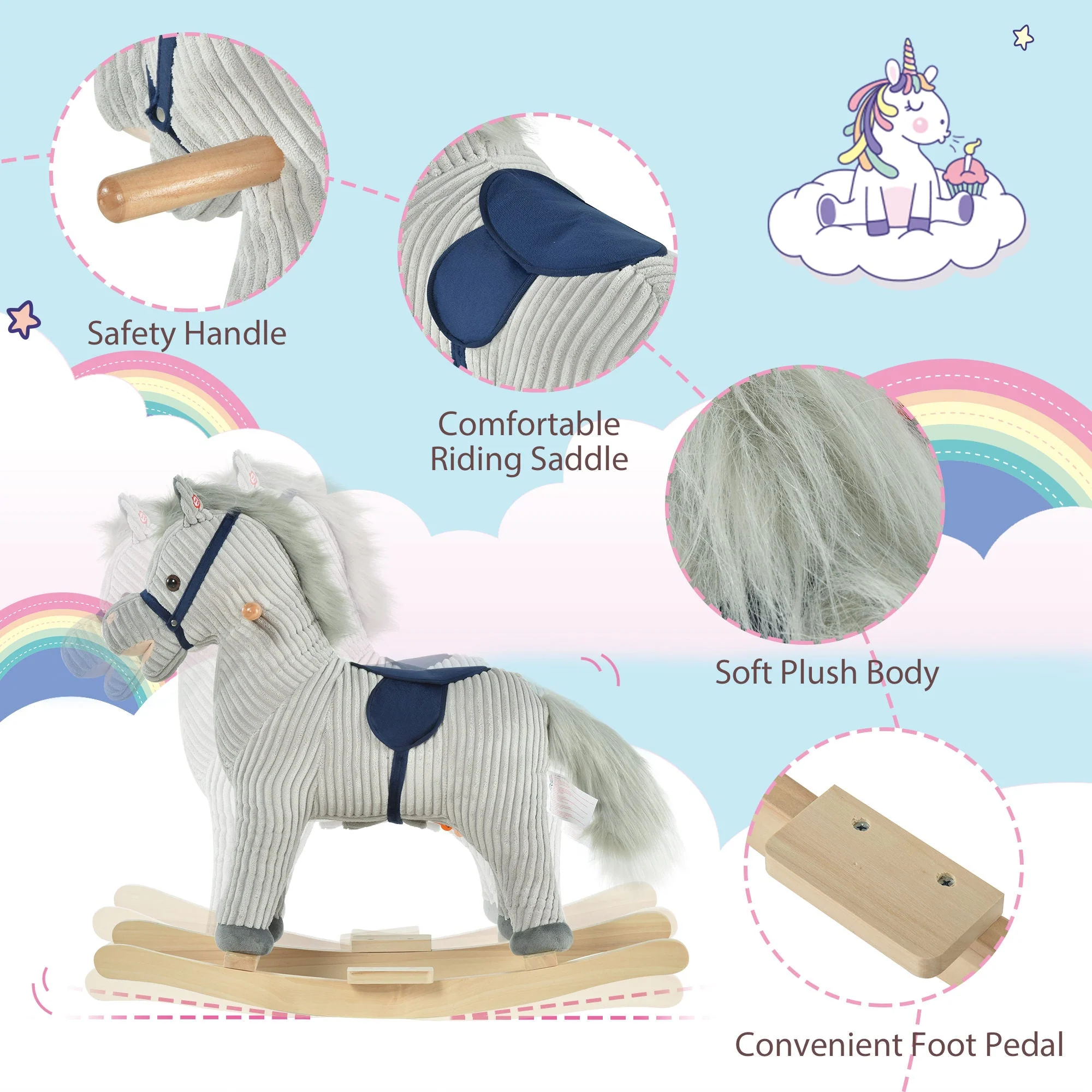Kids Ride On Ribbed Plush Rocking Horse w/ Sound Grey - Image 4