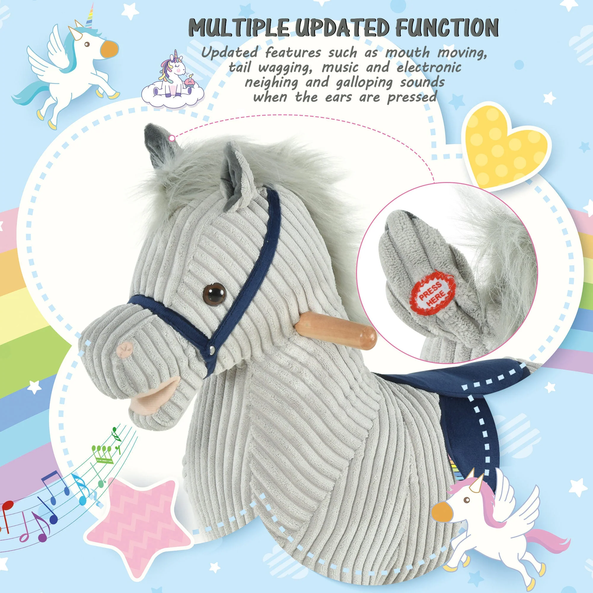 Kids Ride On Ribbed Plush Rocking Horse w/ Sound Grey - Image 5