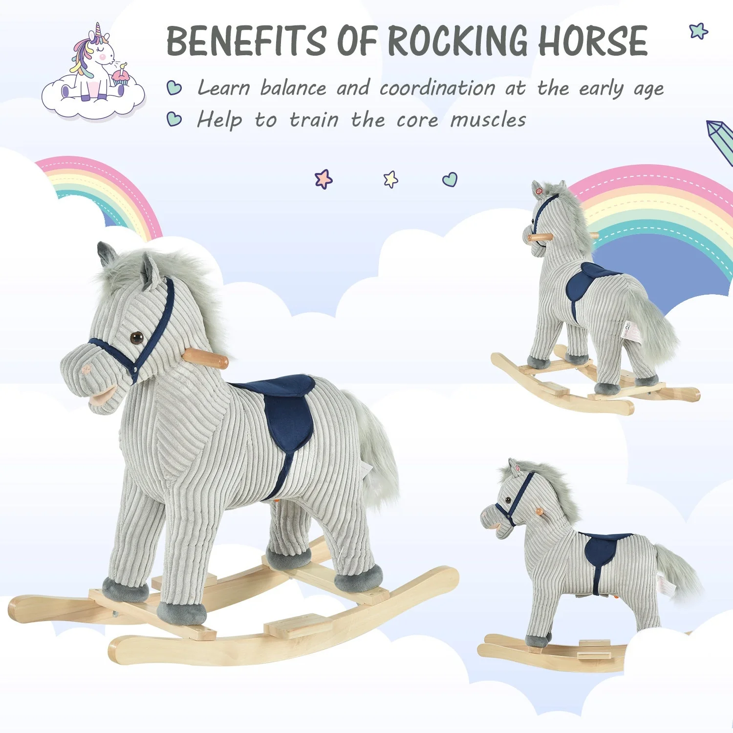 Kids Ride On Ribbed Plush Rocking Horse w/ Sound Grey - Image 6