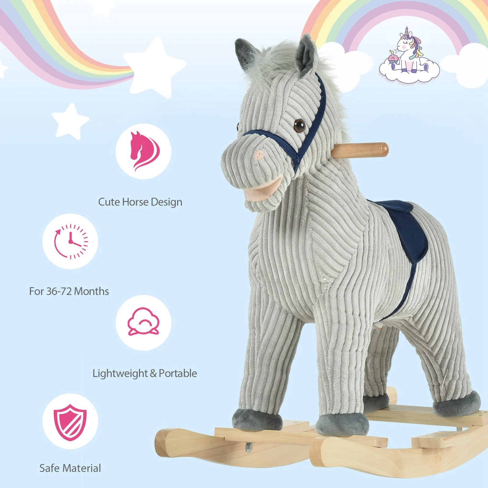 Kids Ride On Ribbed Plush Rocking Horse w/ Sound Grey - Image 7