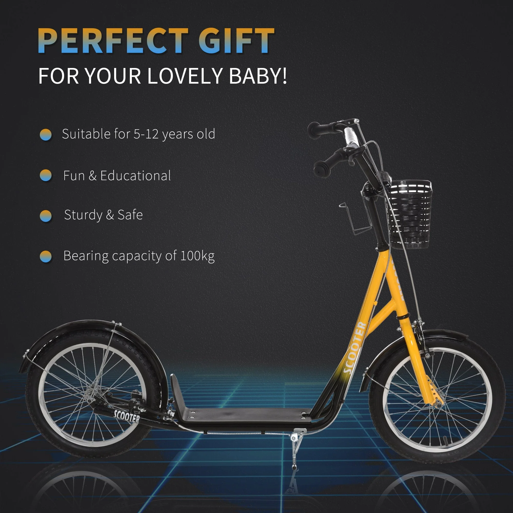 Kids Scooter Adjustable w/ Inflatable Wheel Brake Basket Cupholder Mudguard - Image 5