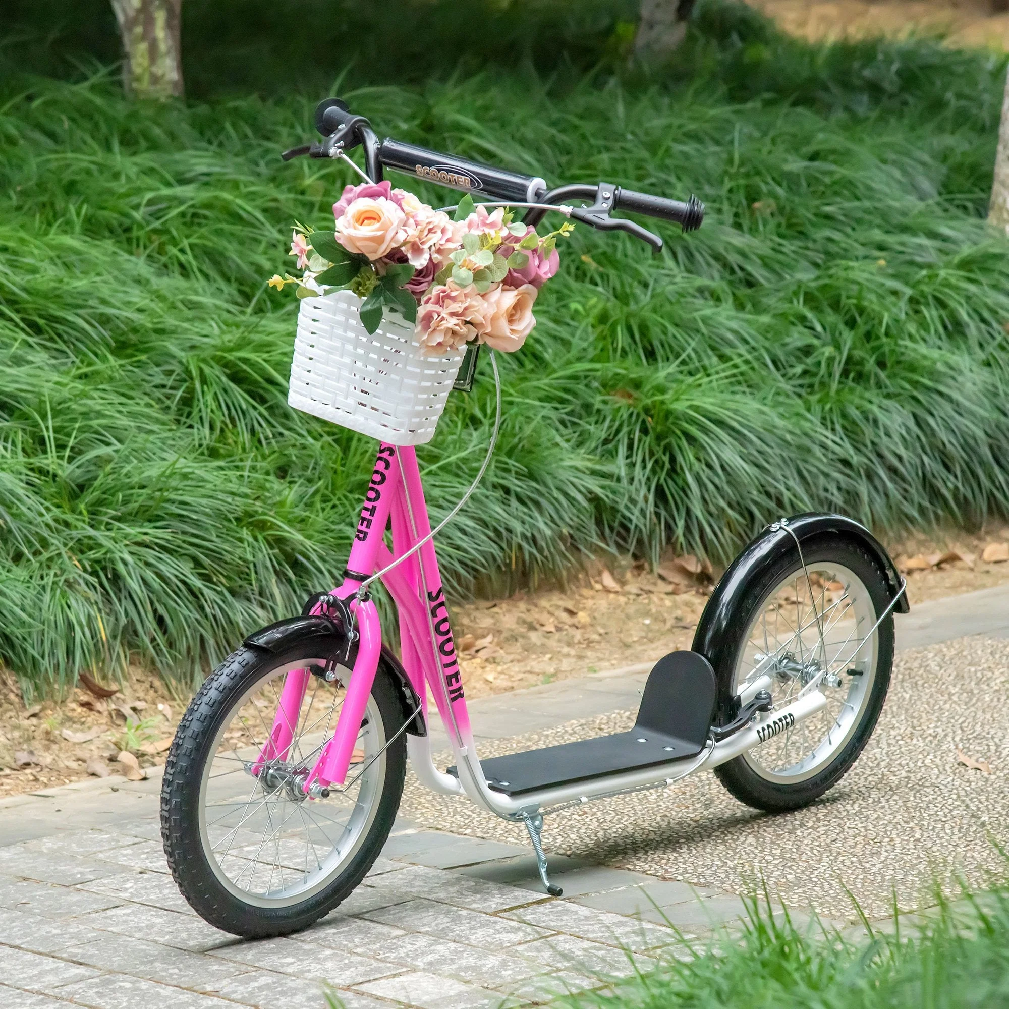 Kids Scooter Adjustable w/ Inflatable Wheel Brake Basket Cupholder Mudguard - Image 2