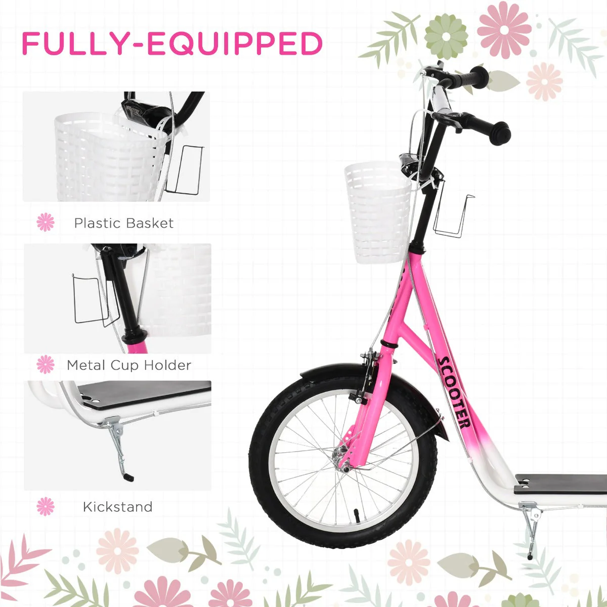 Kids Scooter Adjustable w/ Inflatable Wheel Brake Basket Cupholder Mudguard - Image 5