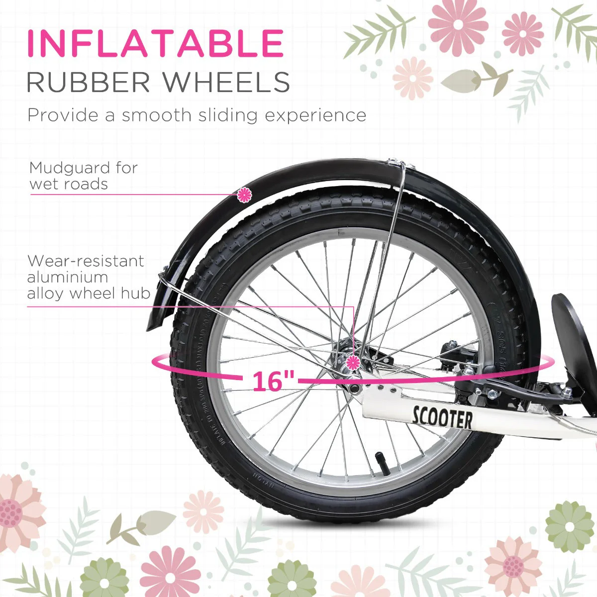 Kids Scooter Adjustable w/ Inflatable Wheel Brake Basket Cupholder Mudguard - Image 6