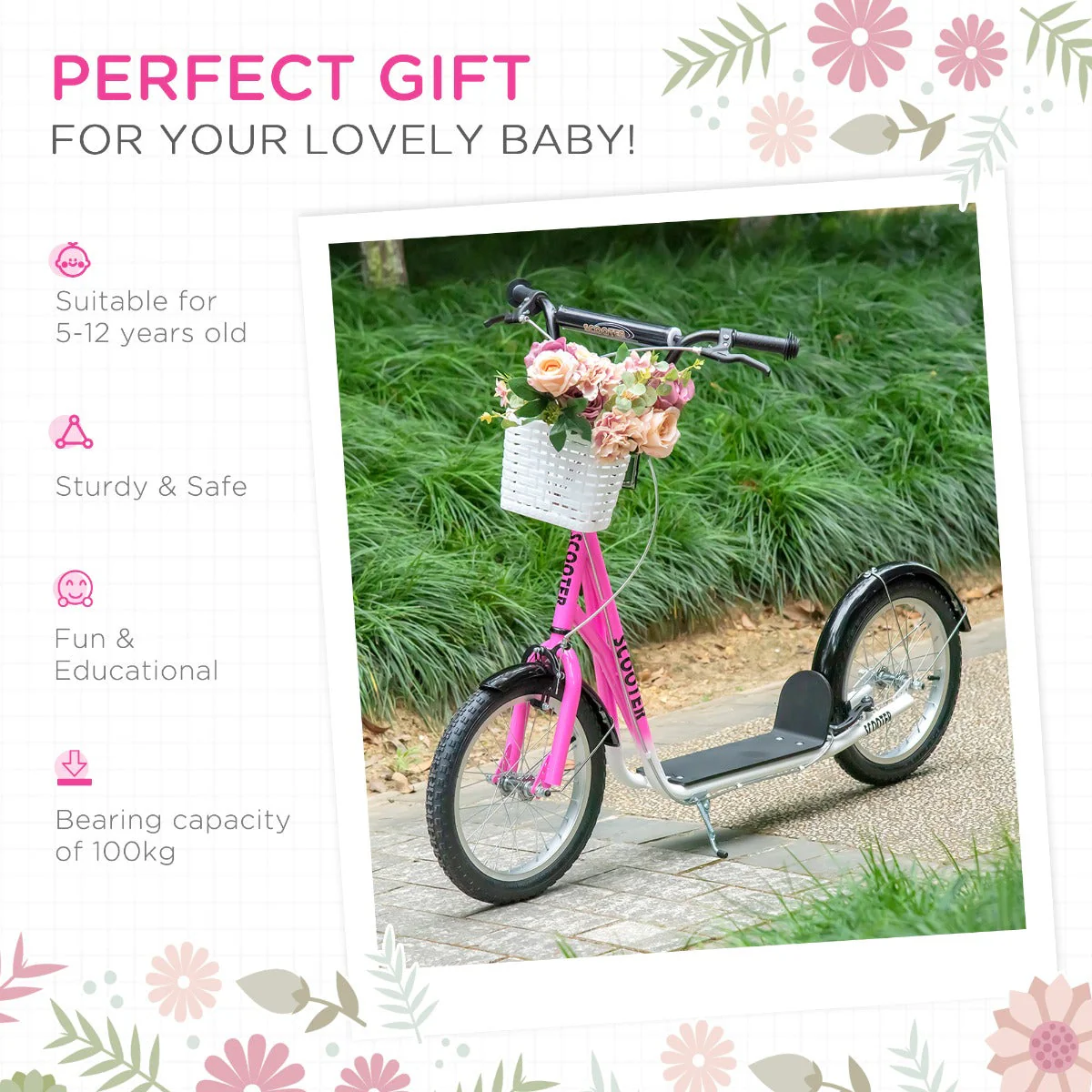 Kids Scooter Adjustable w/ Inflatable Wheel Brake Basket Cupholder Mudguard - Image 7