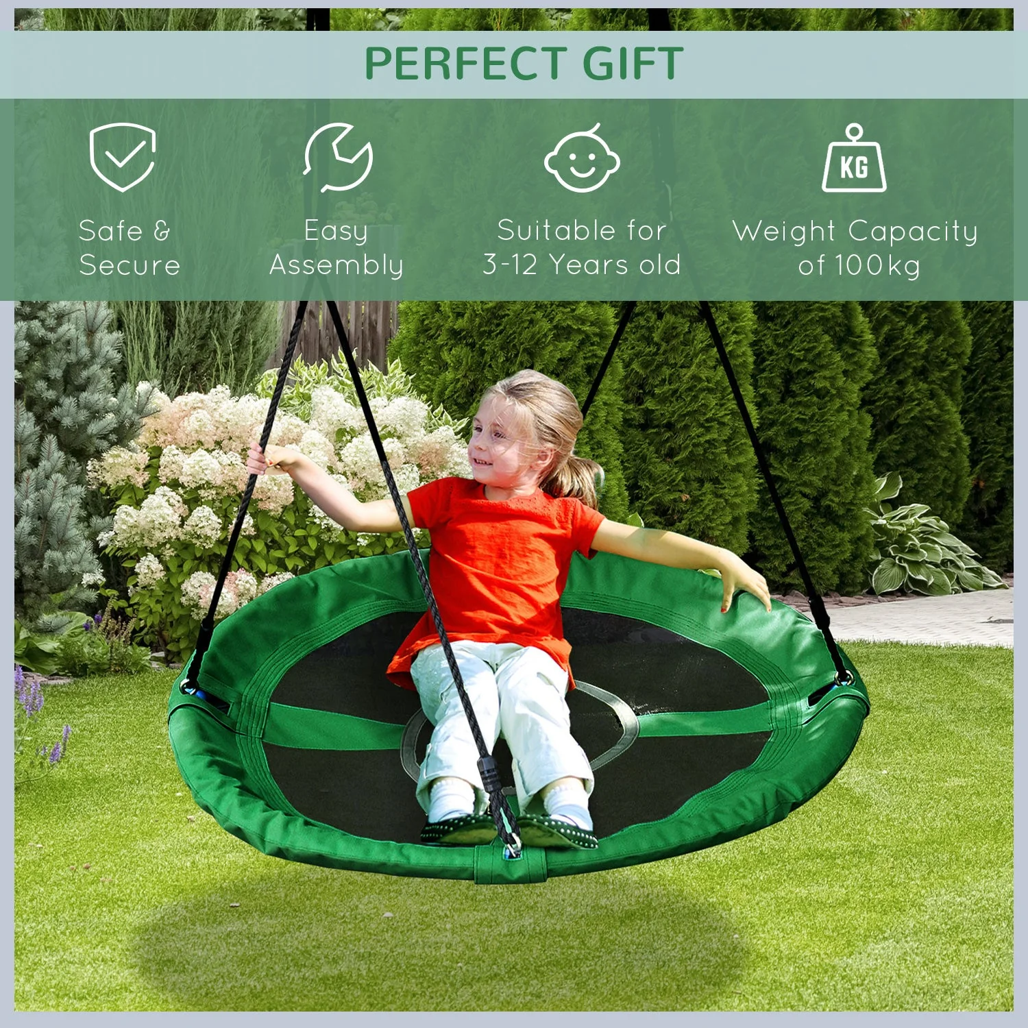 Kids Swing Outdoor Toys For Kids Diameter 100X4.5H cm-Black/Green - Image 4