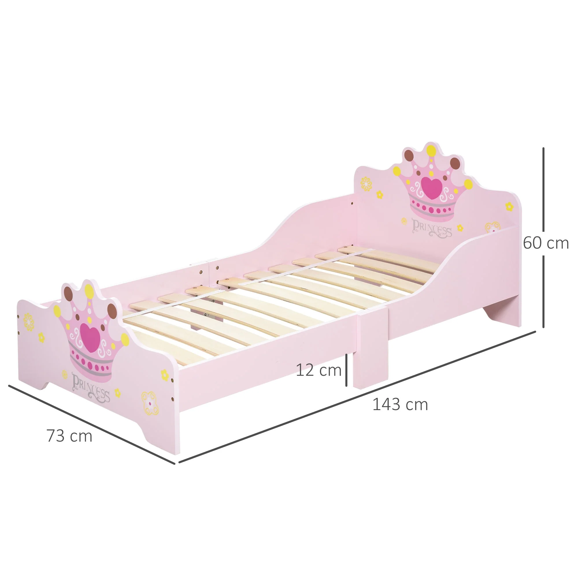 Kids Toddler Bed Princess Crown Theme Safety Side Rails Slats Home Bedroom Furniture Boys Girls 3-6 Yrs Pink 143 x 73 x 60 cm - Image 3